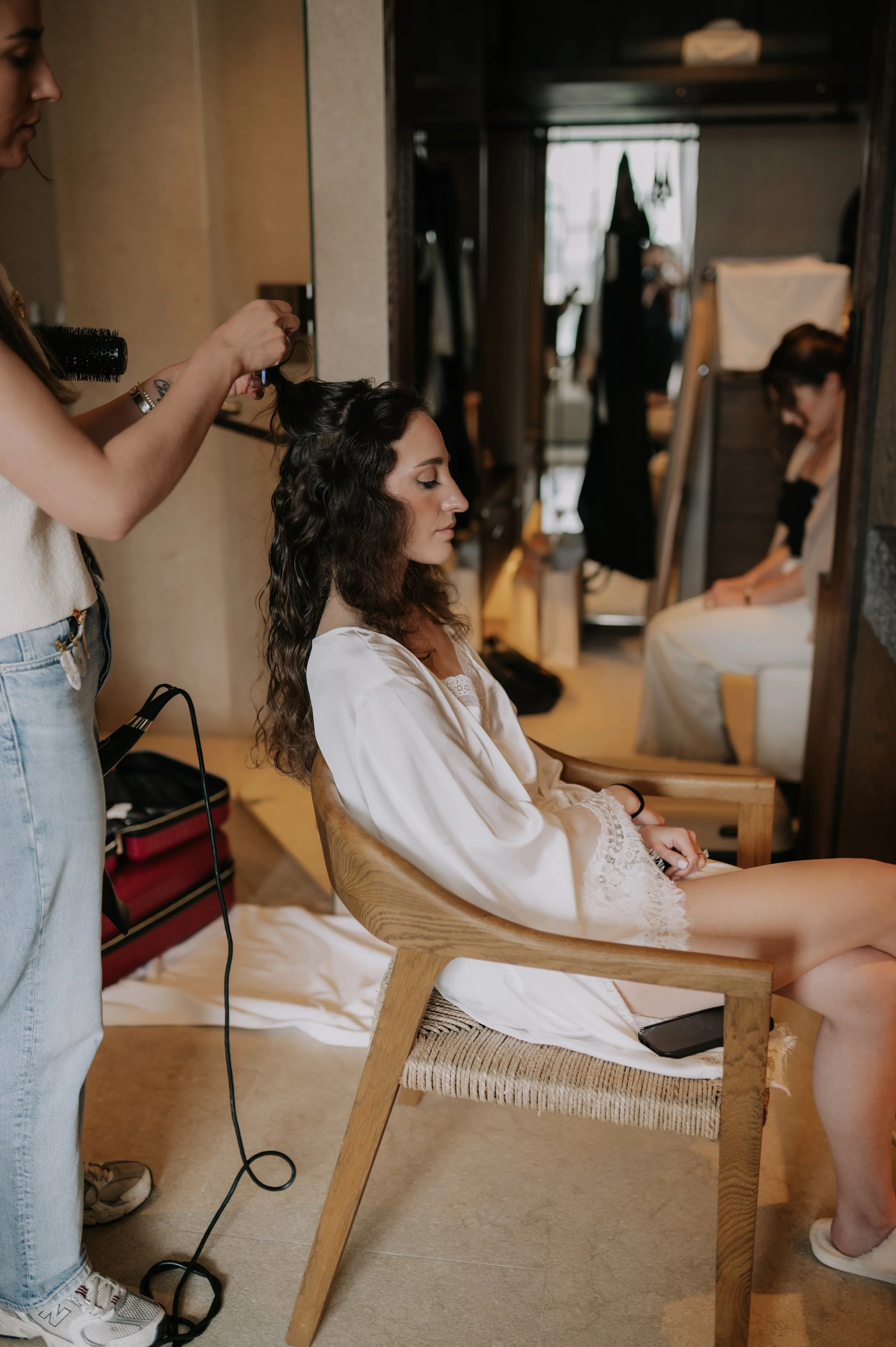 London wedding at Marylebone Town Hall Bride getting hair done 