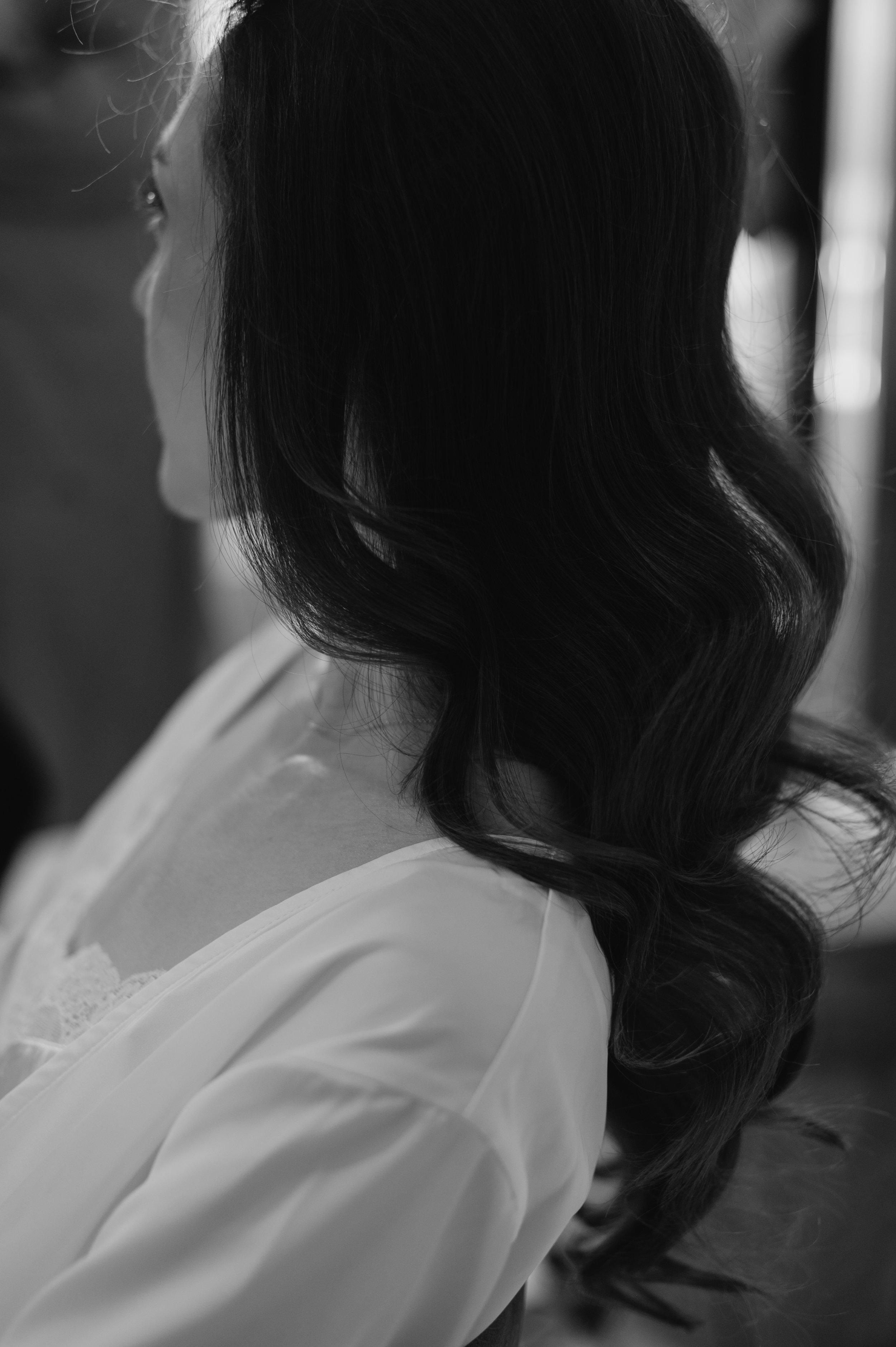 London wedding at Marylebone Town Hall Side profile of bride curly hair 