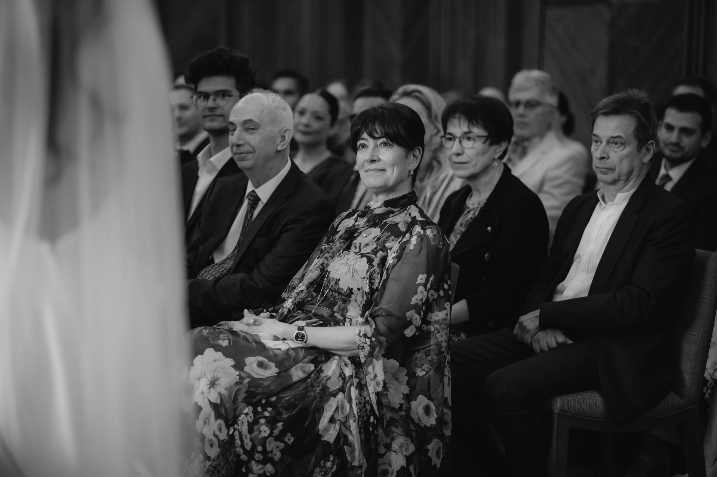 London wedding photography at Marylebone Town Hall guest smiling