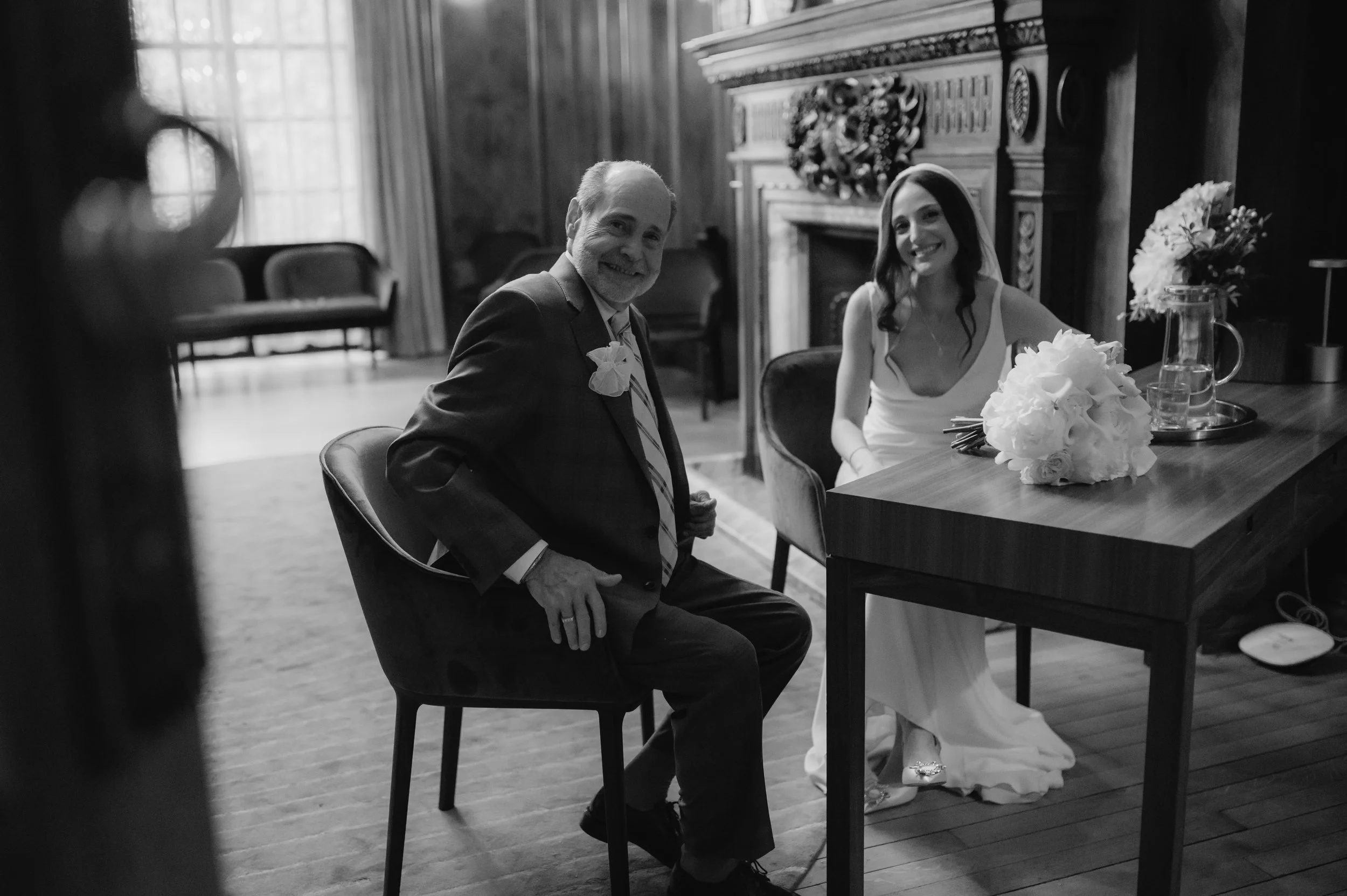 London wedding photography at Marylebone Town Hall bride and dad smiling at camera