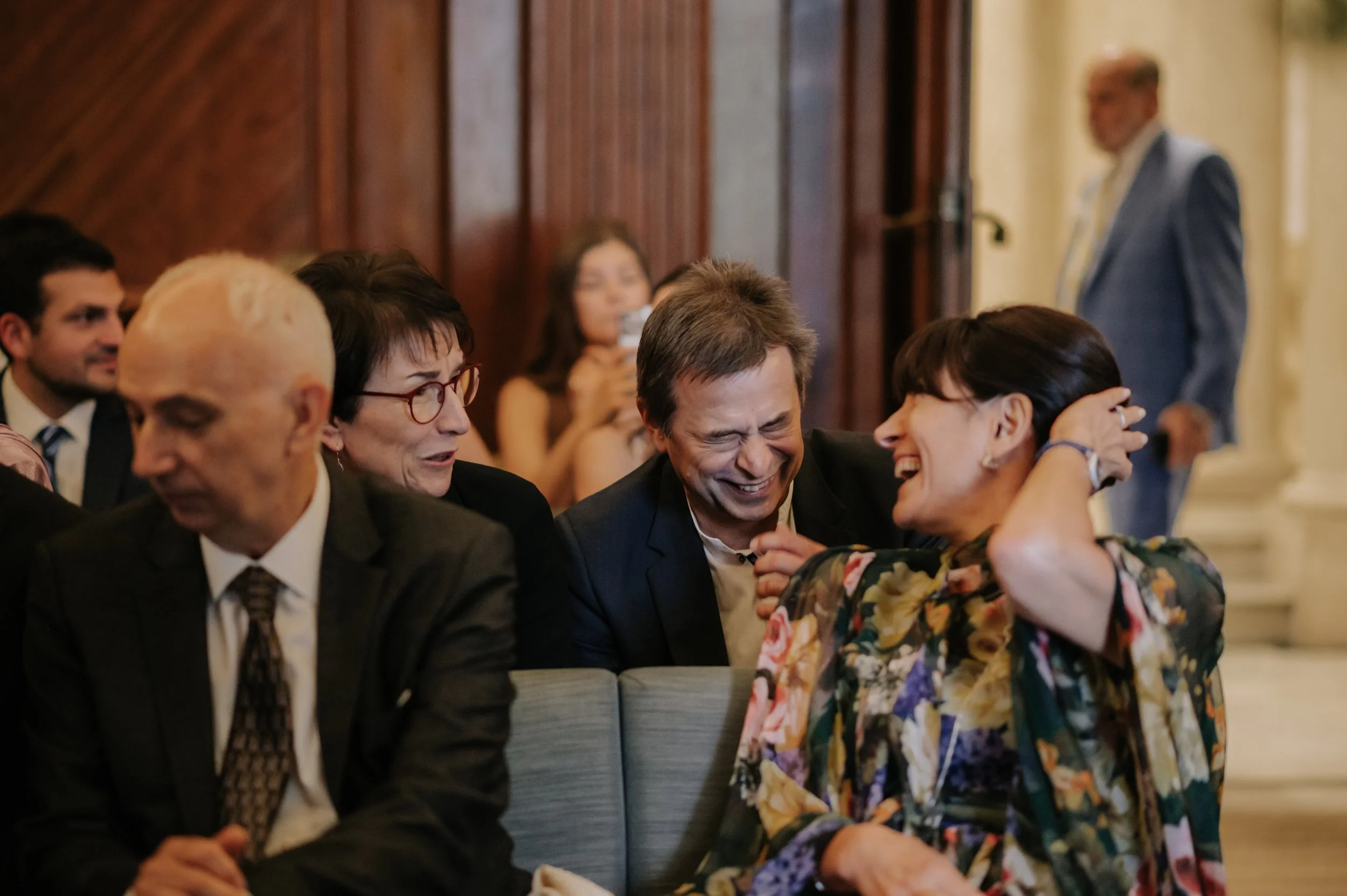 London wedding photography at Marylebone Town Hall guests laughing