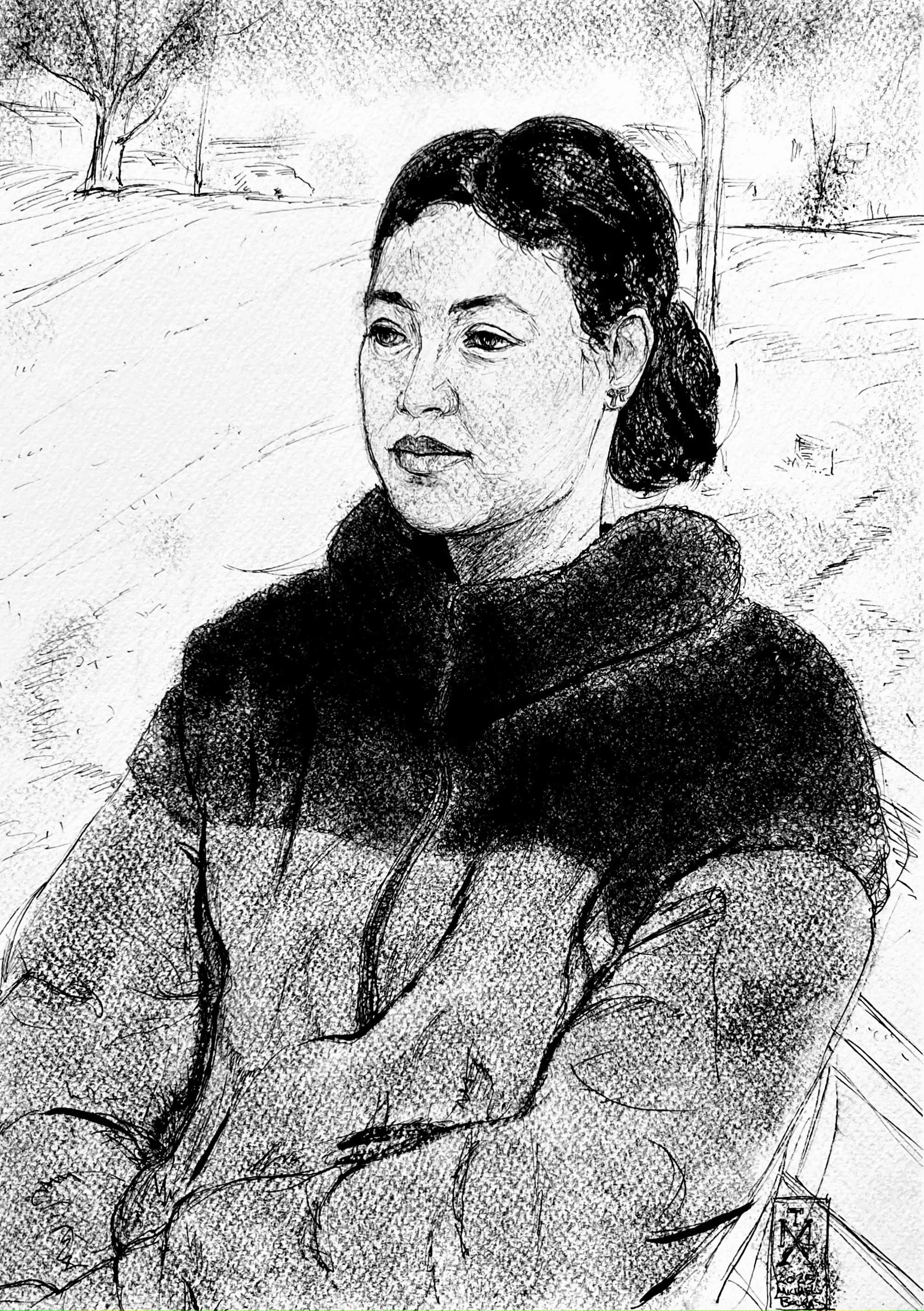   Poonam In The Cold Air.   2025, Pen with Brush and Ink on Paper, 12 x 16 in. 