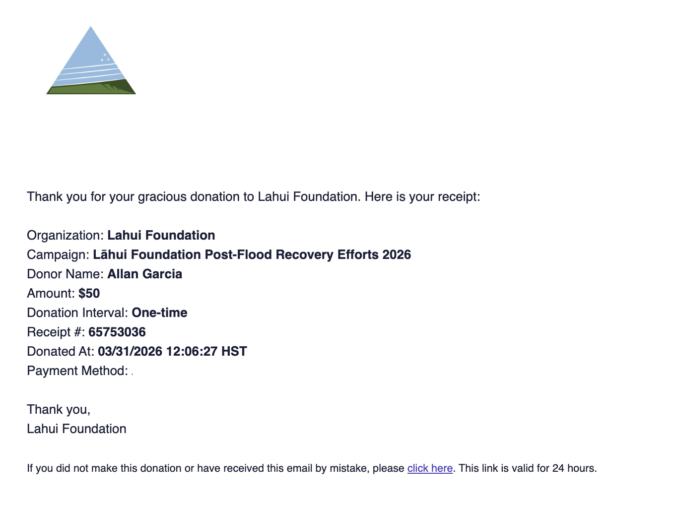 $50 Donation made to Lahui Foundation on March 31, 2026