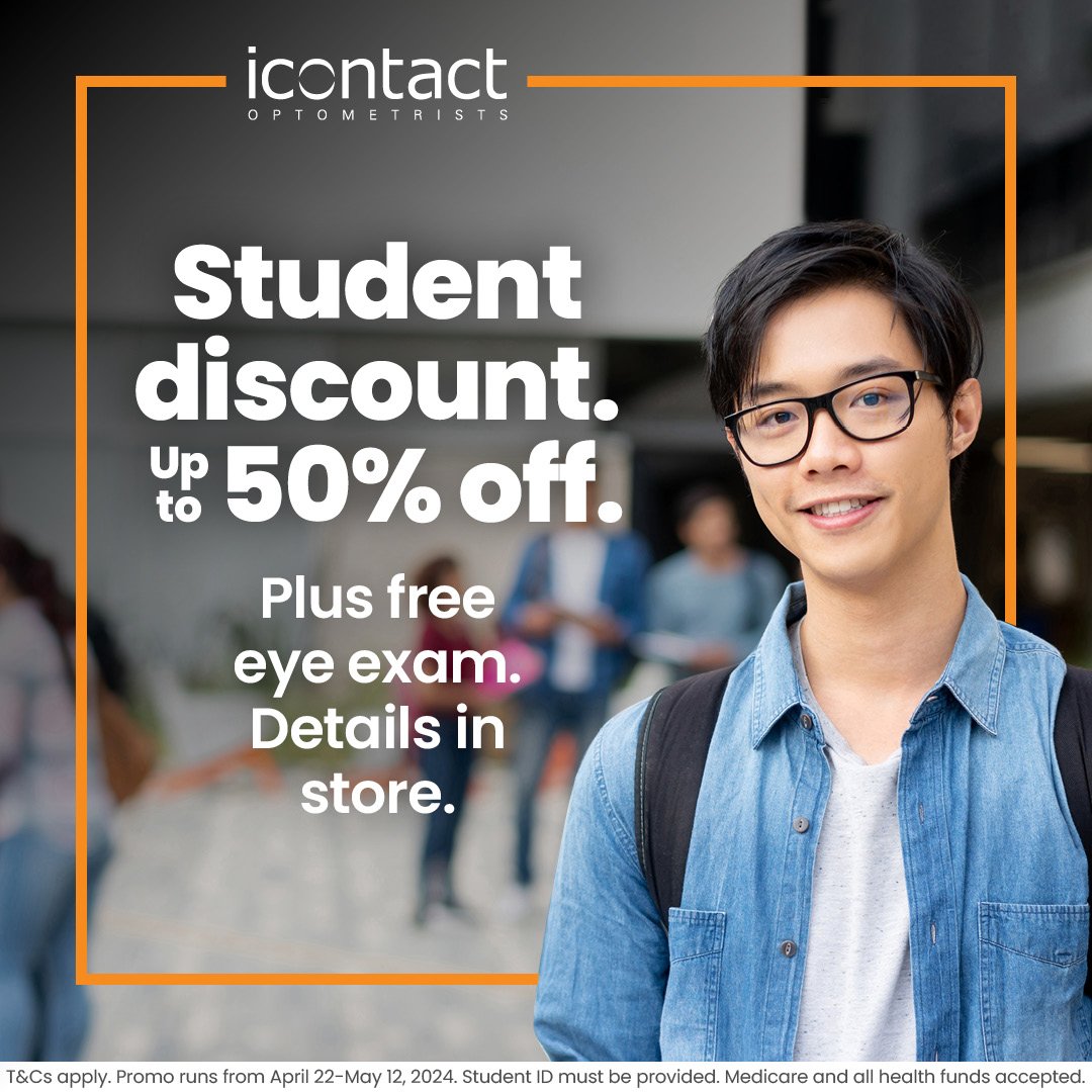 Big news for students! Enjoy up to 50% off at iContact Optometrists plus a FREE eye exam until 12 May 2024. Just bring your student ID and stop by any of our stores for more details and give your eyes the care they deserve. See you soon! 

 #StudentD