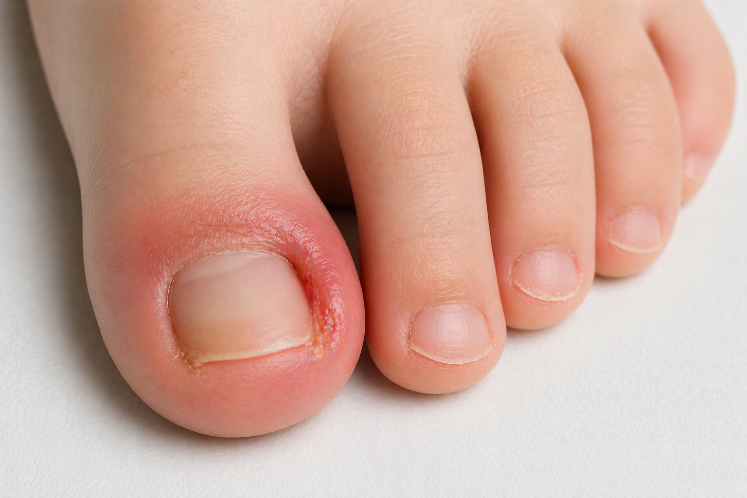 Un gros plan d'un gros orteil avec une onychomycose, présentant une décoloration et une dégradation de l'ongle.