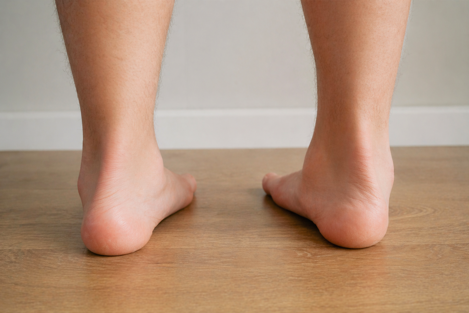 Gros plan sur des pieds nus d'un homme, vus de derrière, posés sur un sol en bois, avec un mur blanc en arrière-plan.