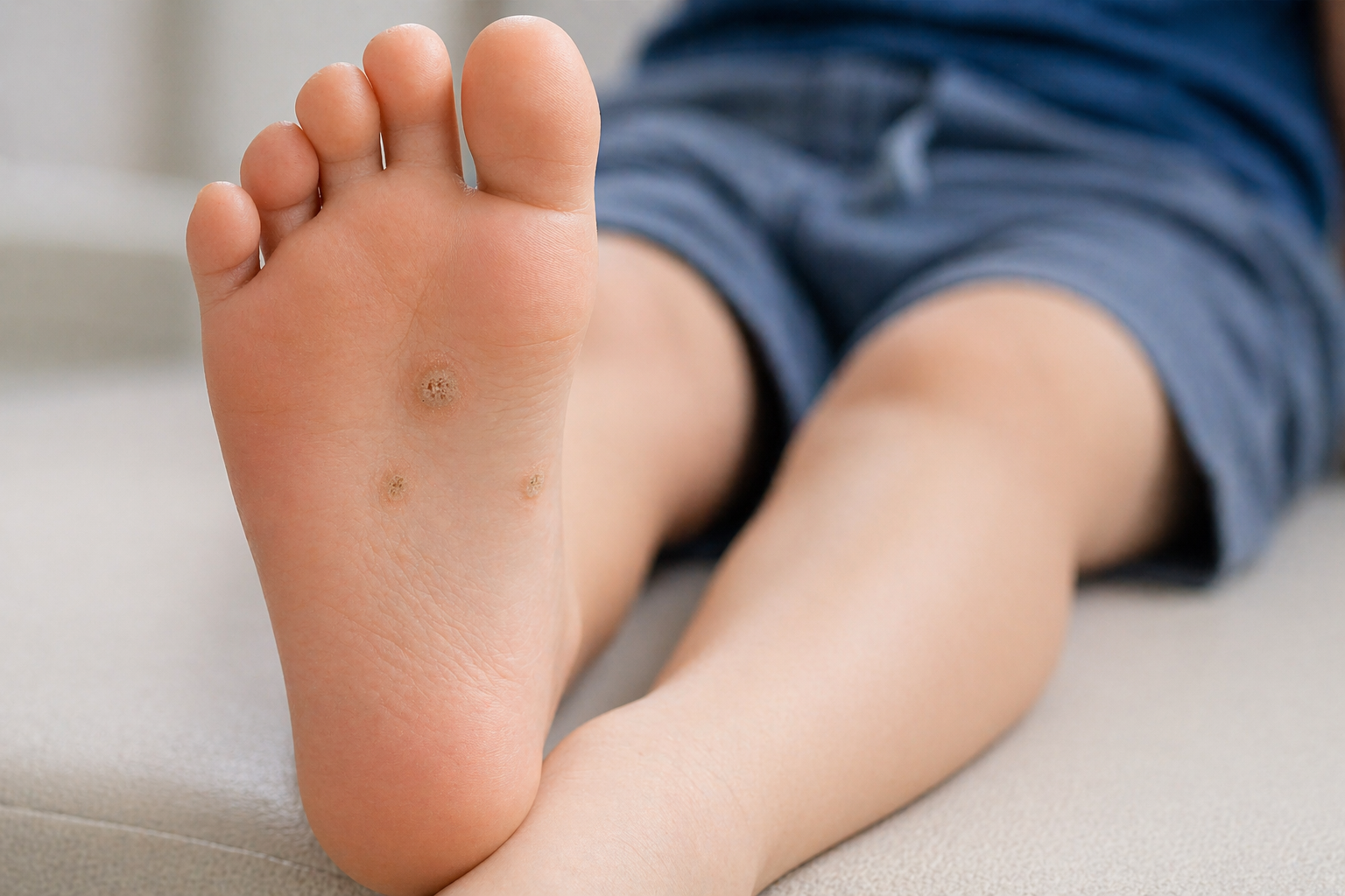 Pieds d'un enfant allongé, avec des verrues plantaires visibles sur la plante du pied.