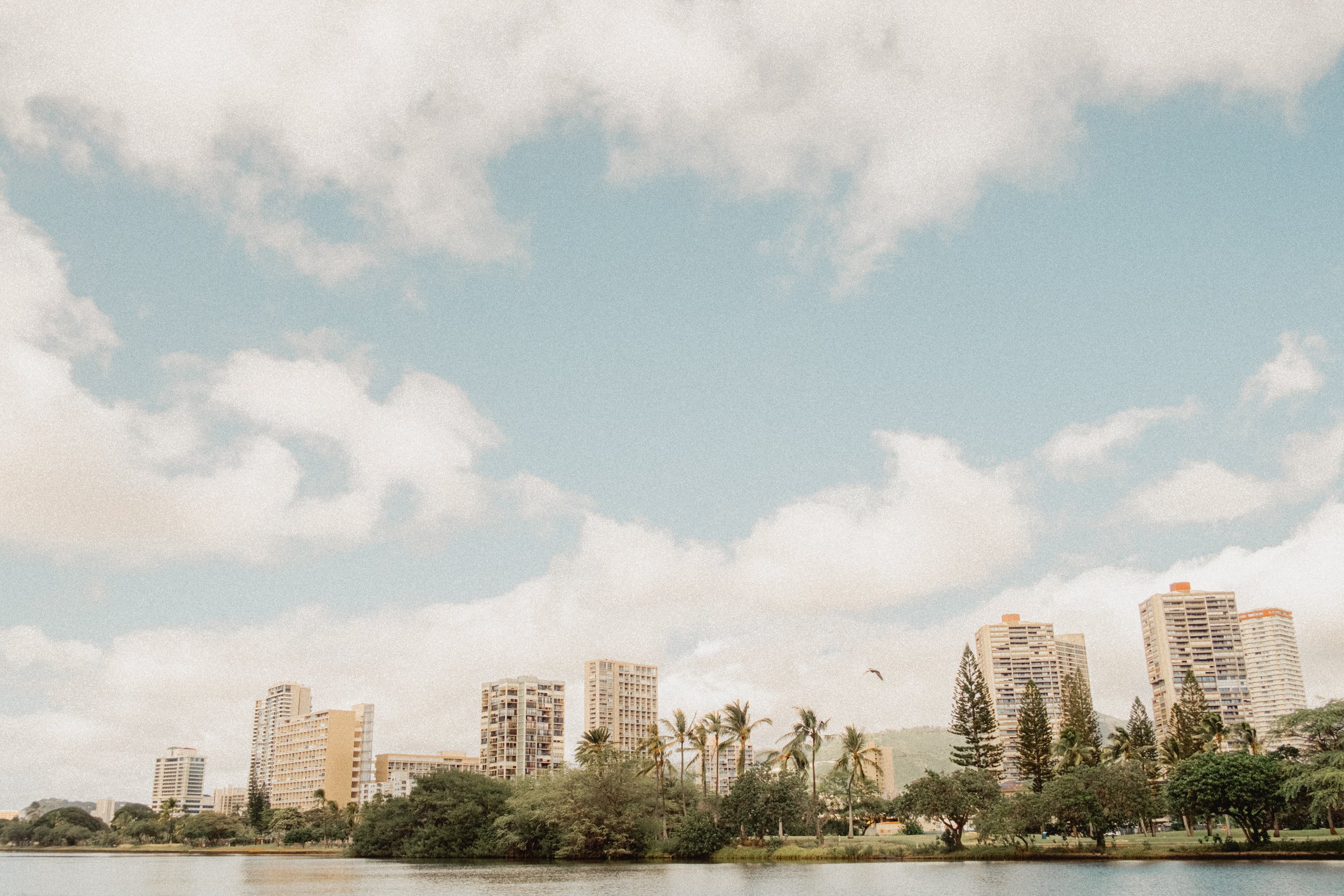 Cityscape with tall buildings and palm trees near a body of water under a partly cloudy sky.