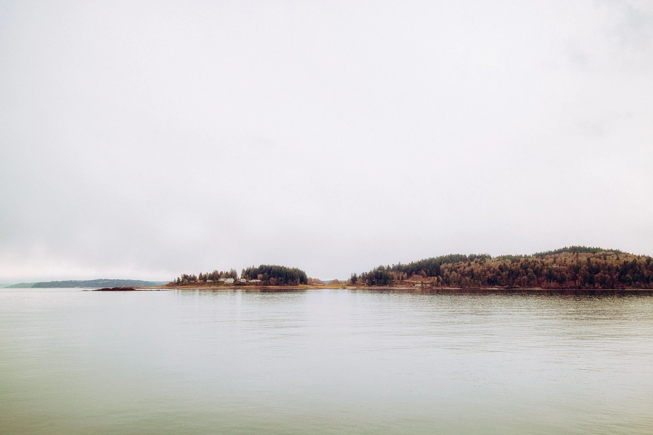 Scenic view of a large body of water with land and trees in the distance under an overcast sky.