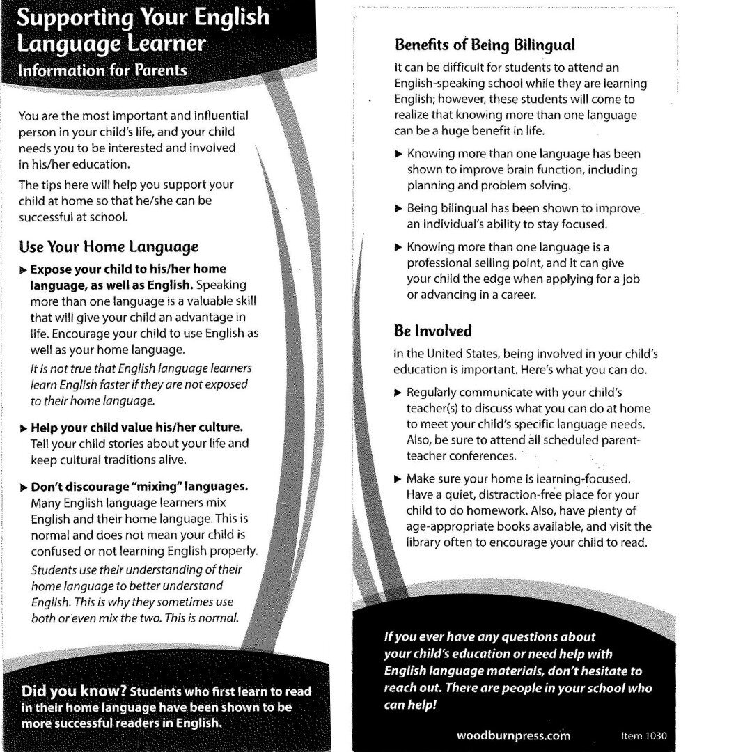 Information for parents:
Ways to support your English language learner.