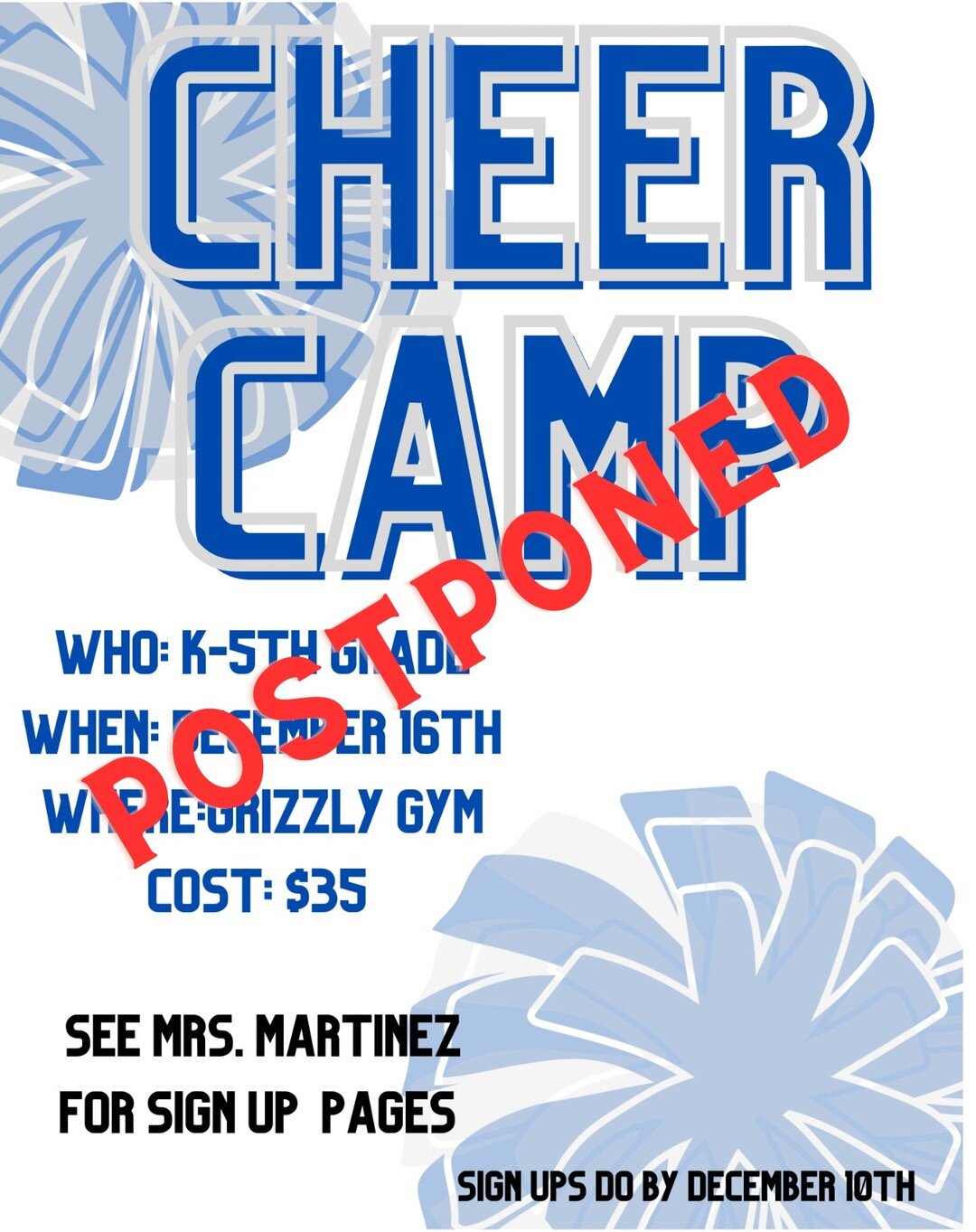 Due to supply issues we are unable to host the GOCA cheer camp this weekend on the 16th. We have rescheduled to January 27th for the camp and the performance will be on the 29th of January. You have the option of a full refund or to stay signed up an