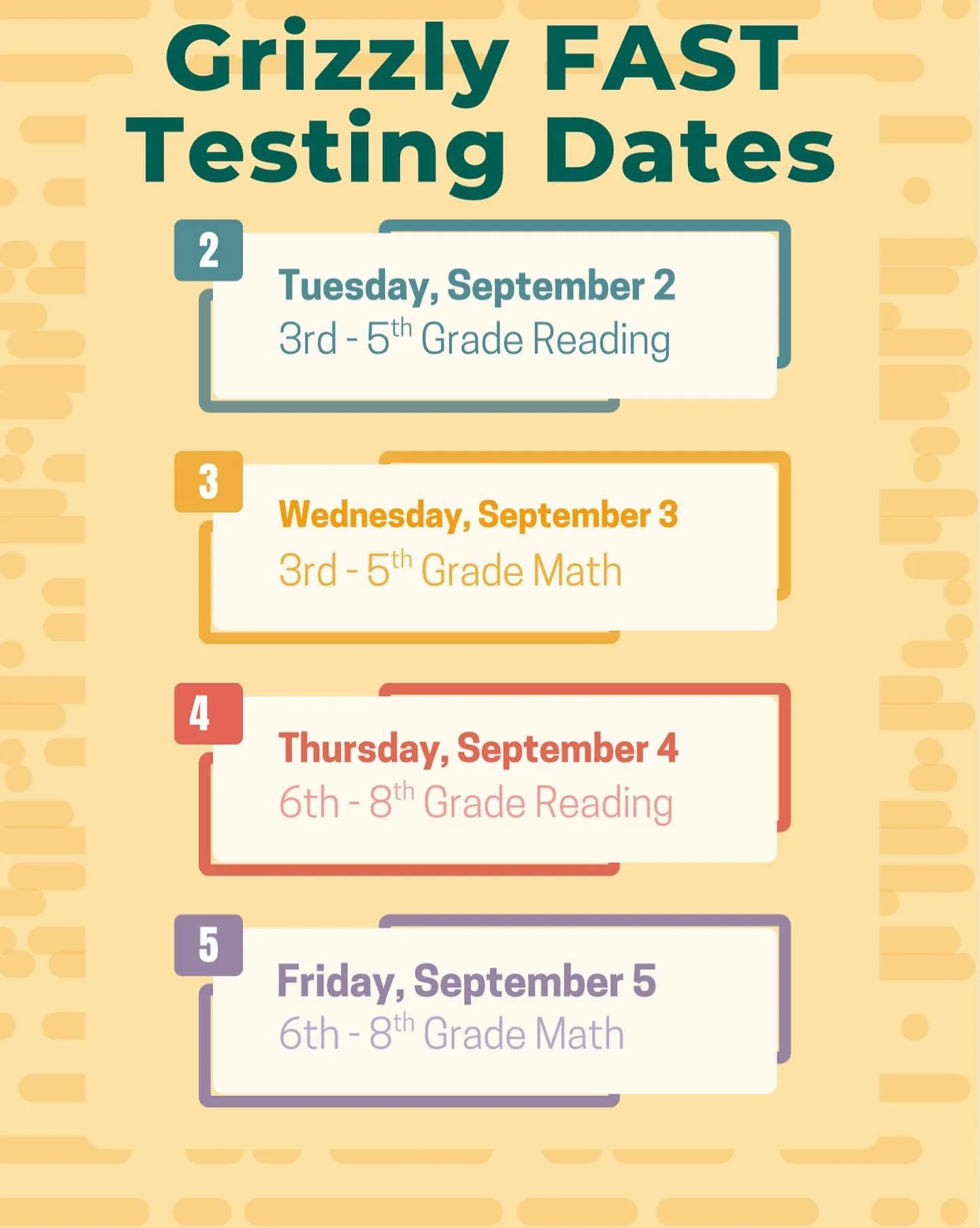 Good evening, Grizzly (3rd–8th grade) families,
Our first round of the Florida Assessment of Student Thinking (FAST) Progress Monitoring begins next week on Tuesday, September 2nd. To help set our students up for success, we kindly ask for you