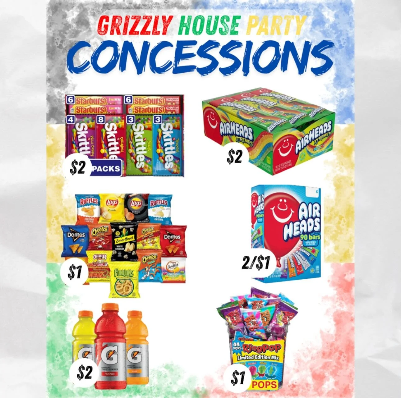 🔴🟡🔵🟢⚫️ Grizzly Families ⚫️🟢🔵🟡🔴
We are so excited to celebrate our first House Party at the Grizzly Campus (3rd–8th grade) tomorrow, Friday, August 29th! 🎉
🍿 Concessions will be available for purchase (cash only).
👖 It’s also
