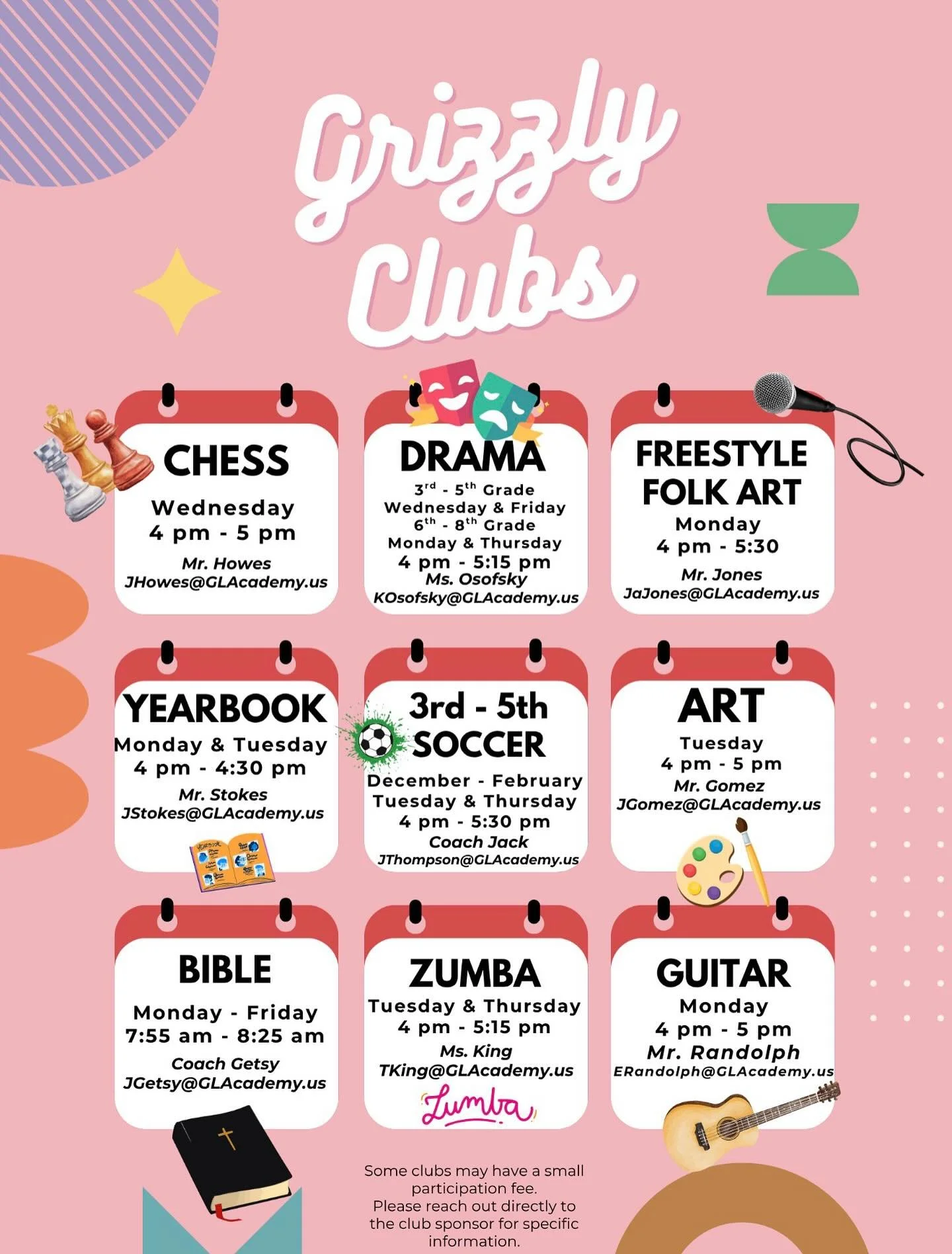 Did you know? 🐻🎨💃

We offer a variety of after-school clubs for our Grizzly students (3rd&ndash;8th grade)! From Art to Zumba, there&rsquo;s something for everyone to enjoy.

Some clubs may have a small participation fee. Please reach out directly