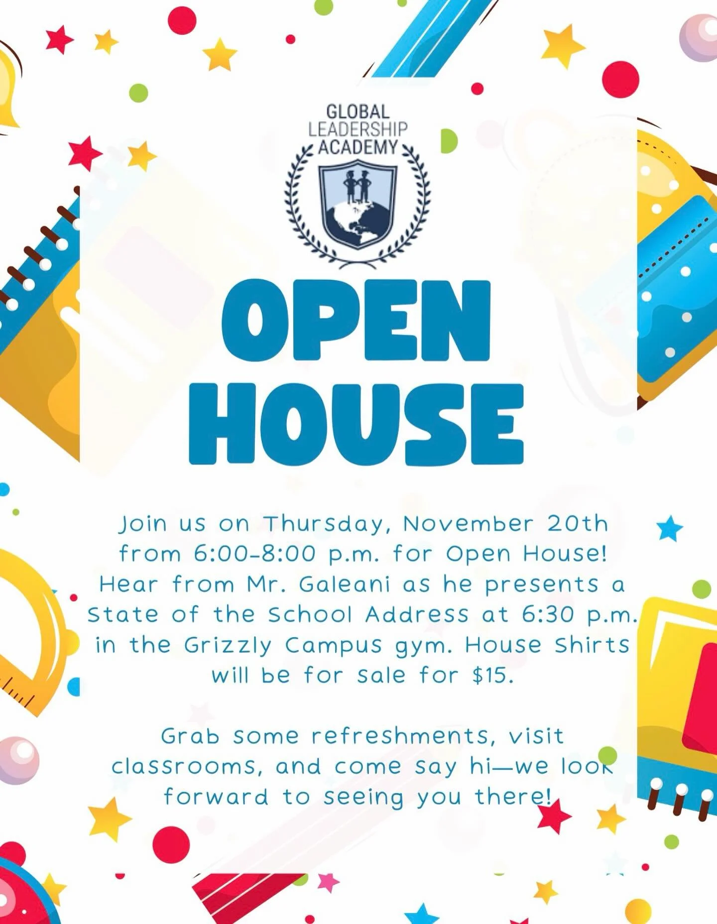 🧸🐻 CUB AND GRIZZLY FAMILIES 🐻🧸

Our Open House is right around the corner. Please make plans to join us at both Cub and Grizzly campuses from 6 pm - 8 pm. Come hear from our school principal, Mr. Galeani, get some snacks and purchase your student
