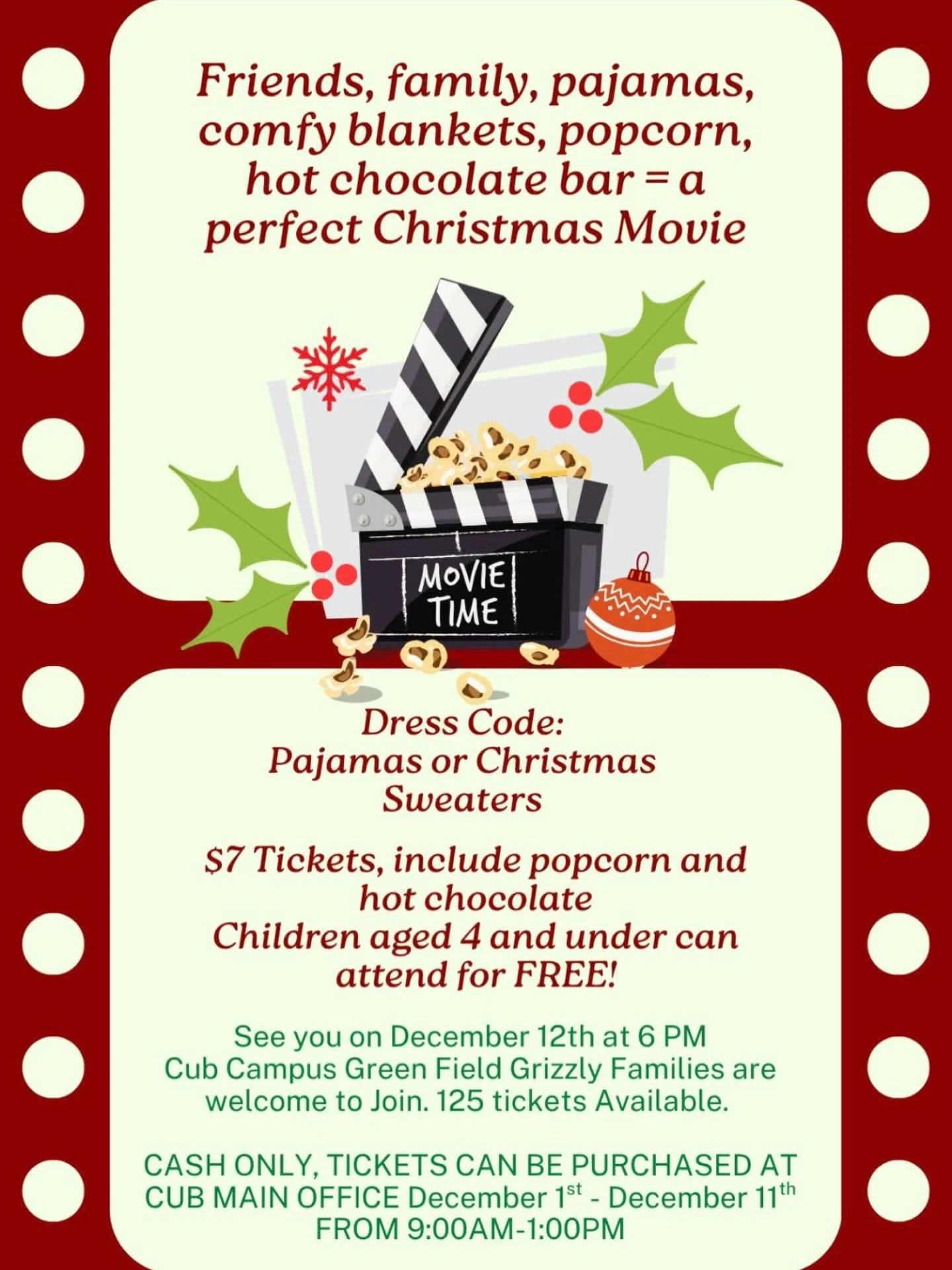 🎄✨ You&rsquo;re Invited to Christmas Movie Night! ✨🎄

Dear Parents,
We&rsquo;re excited to invite you and your family to our Christmas Movie Night! Come join us for a cozy evening filled with holiday cheer, a festive film, and quality time together