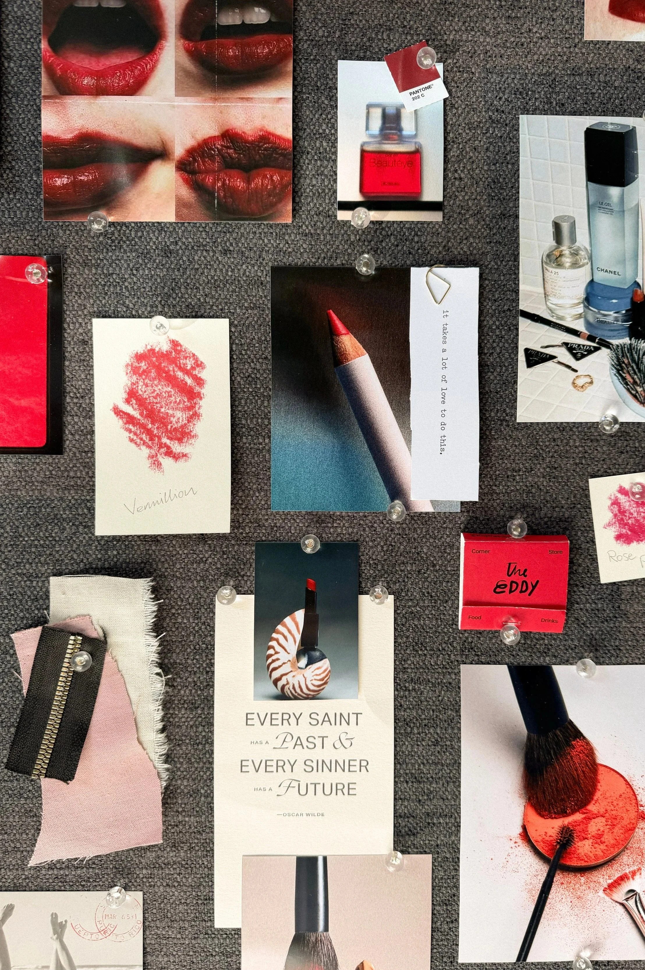 Collage of images including Lipstick lips, perfume bottles, makeup brushes, fabric swatches, and quotes about love and future. Presents a collection of beauty, fashion, and inspirational motifs.