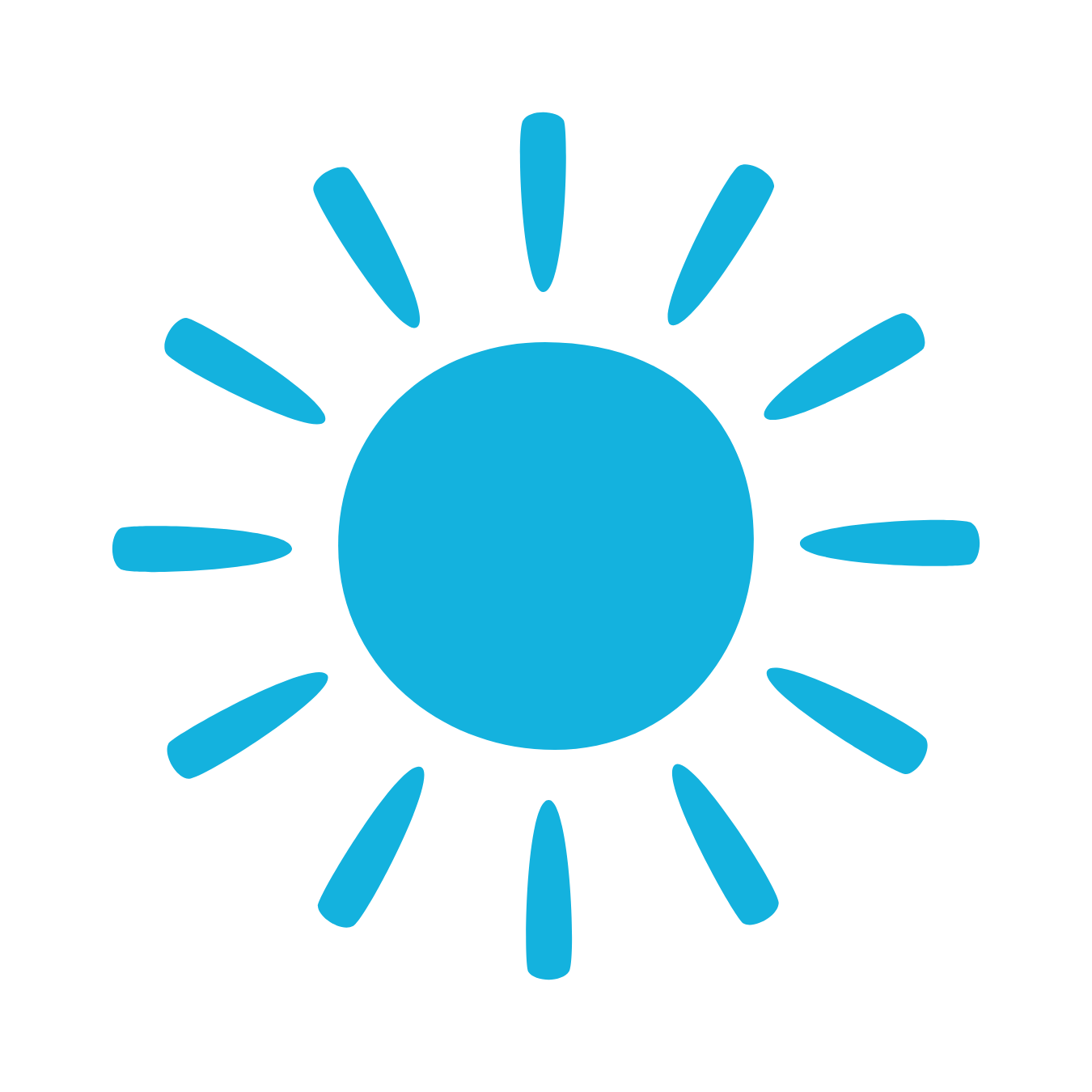 Blue sun icon with rays on a black background.