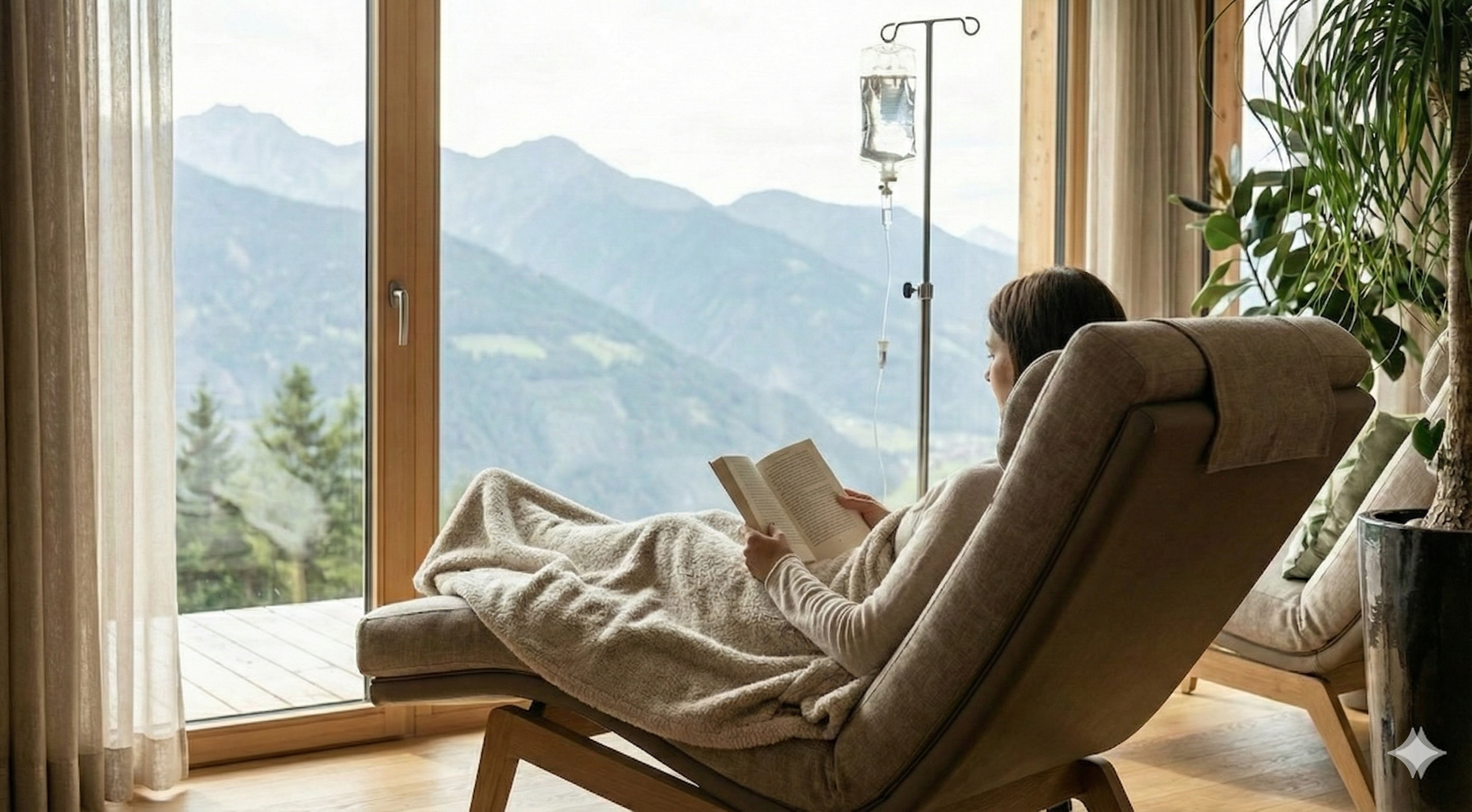 A woman getting IV drip therapy while sitting on a lounge chair with a blanket, reading a book inside a cozy room near large glass doors with a mountain view, an IV pole next to the lounge chair.