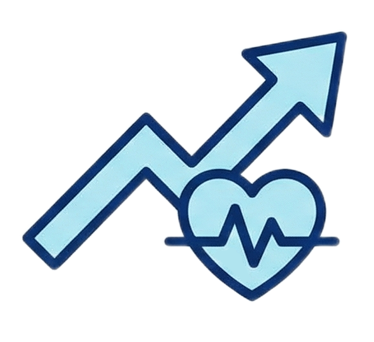 An upward trending arrow, a heart with a heartbeat line inside it, representing health or heart health and growth or progress.