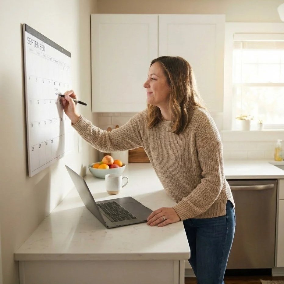 Busy, organized woman writing on a wall calendar in her kitchen with a laptop on the counter. She represents a patient who receives the Glutathione IV Drip which fights free radicals to reduce inflammation and boost metabolism.