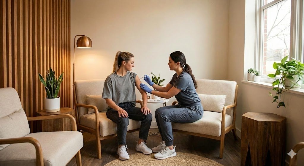 woman receiving an IM Therapy shot from a nurse