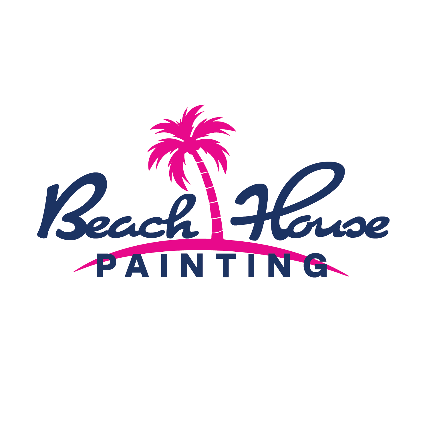 Logo for Beach House Painting featuring a pink palm tree and stylized text in navy blue and pink