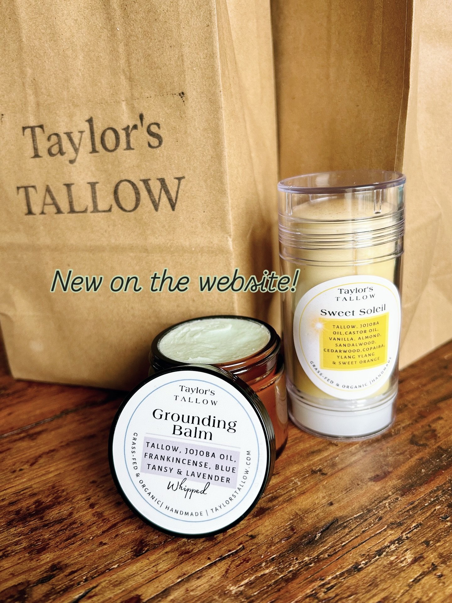 New products available on the website - whipped grounding balm &amp; the sweet soleil tallow stick! Link in bio!