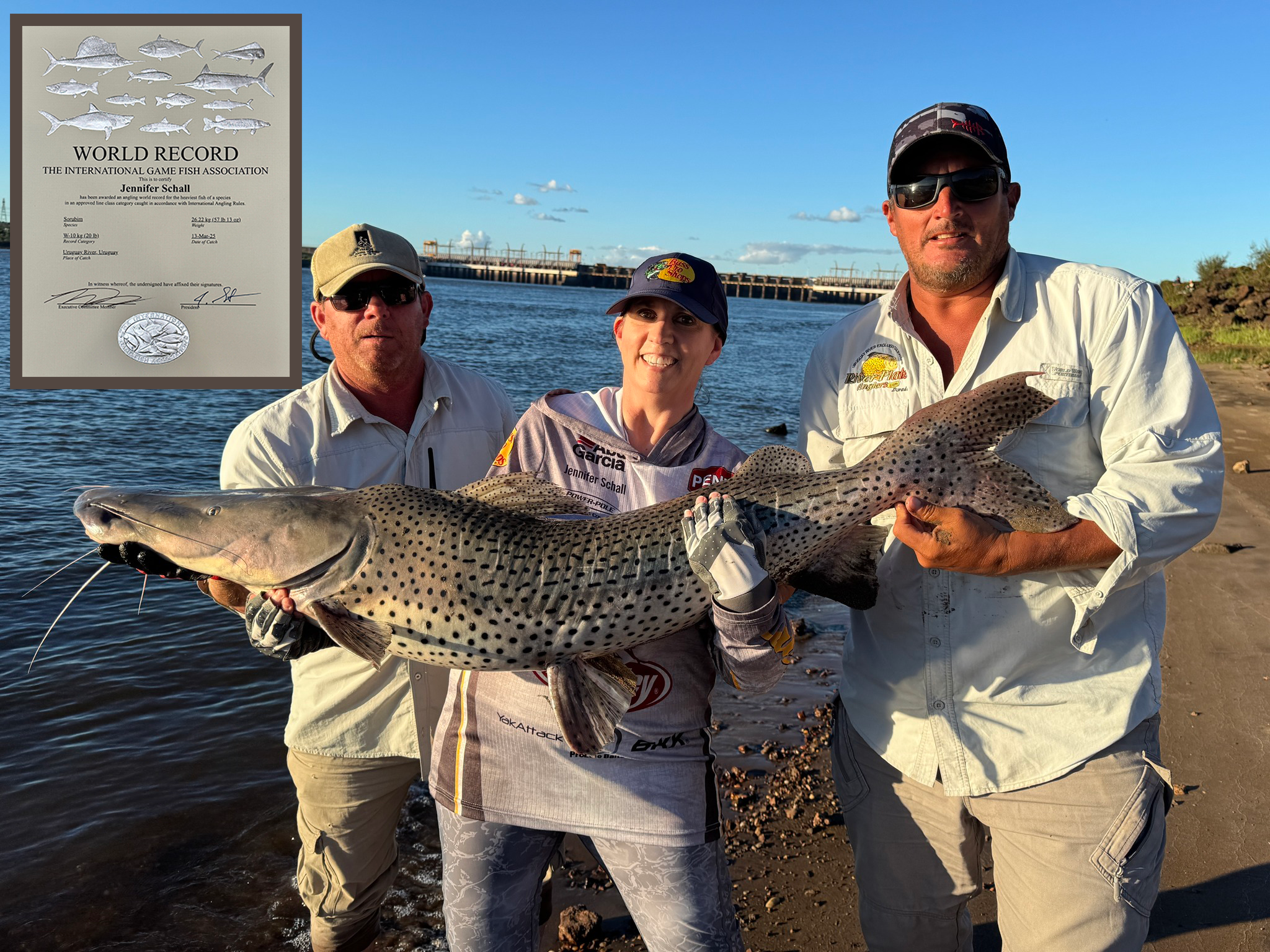Jennifer with an amazing world record sorubim catfish caught in the Uruguay River!