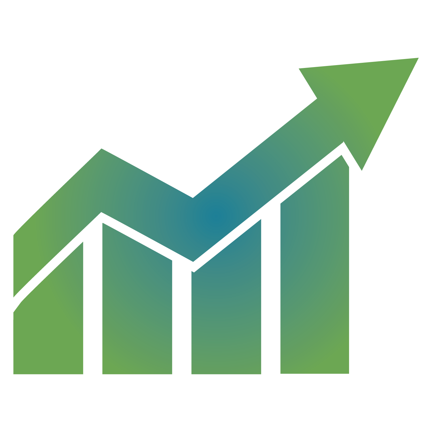 A colorful 3D bar graph showing increasing values with green and blue bars and an upward arrow at the top.