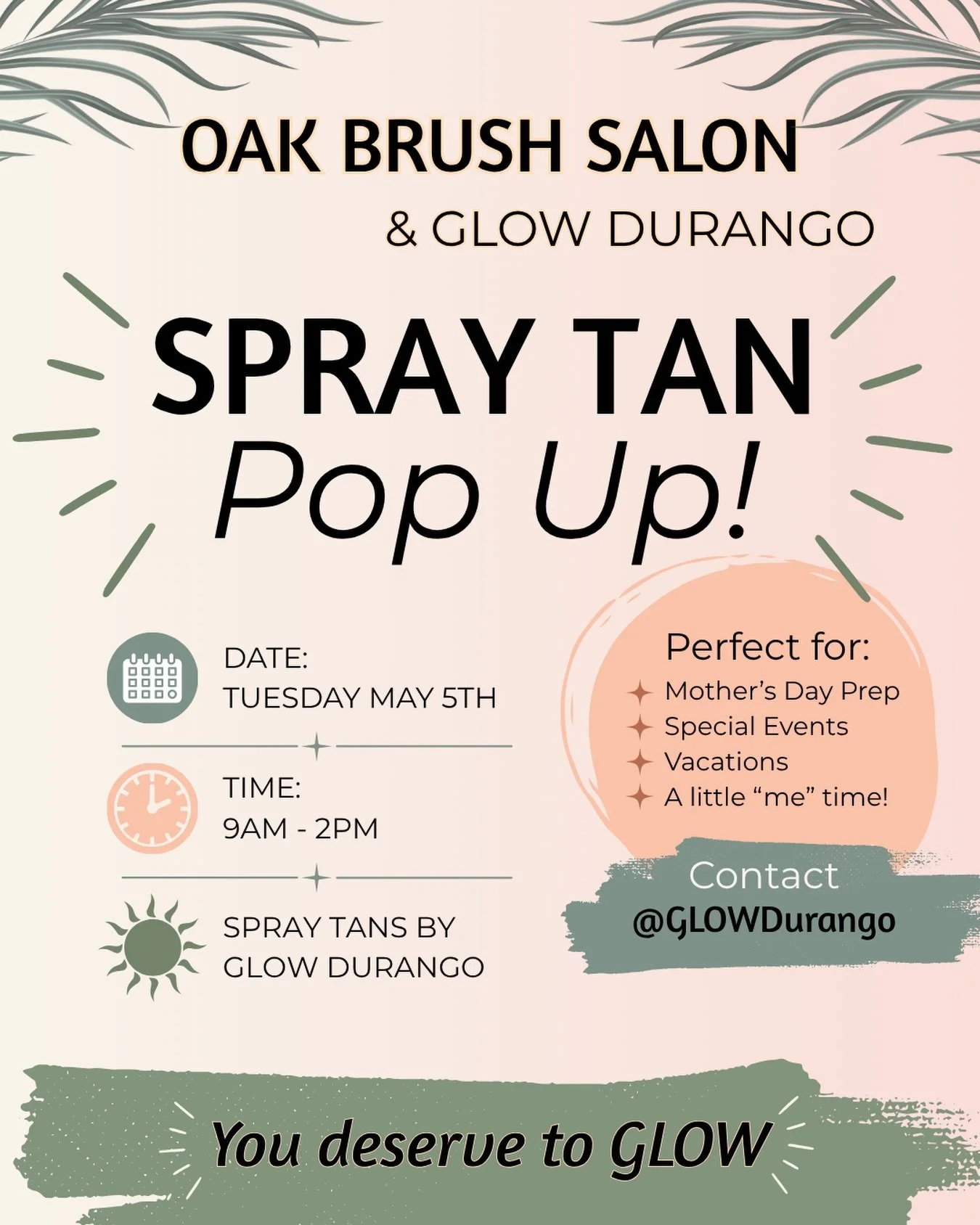 We&rsquo;re hosting @glowdurango for a spray tan pop up Mother&rsquo;s Day special!

Treat yourself (or your favorite mom) to a custom, natural spray tan. Feeling confident in your skin isn&rsquo;t reserved for special occasions, but this one is wort