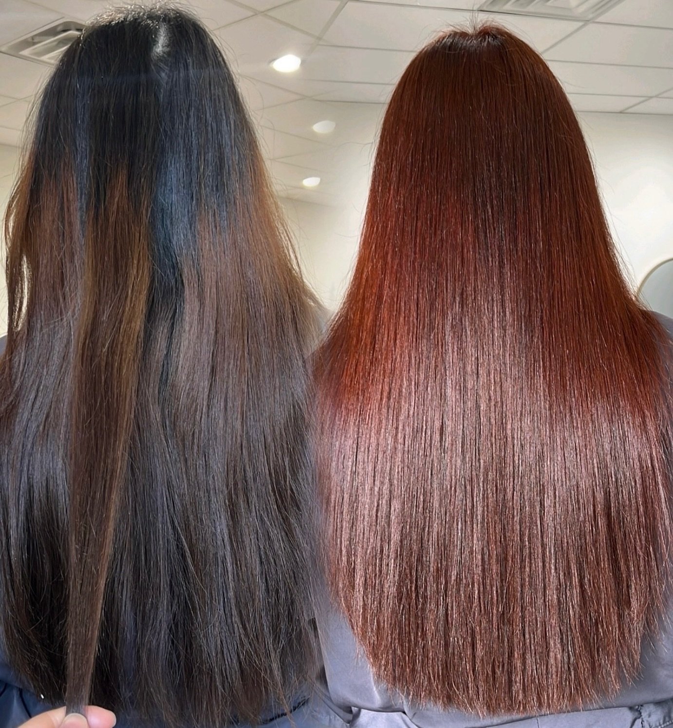 Before &amp; After: Cherry Red Refresh
From faded and uneven to rich, radiant cherry red.
This transformation brought life, shine, and vibrancy back into her hair&mdash;all while keeping it healthy and smooth.
Color correction + deep shine = chef&rsq