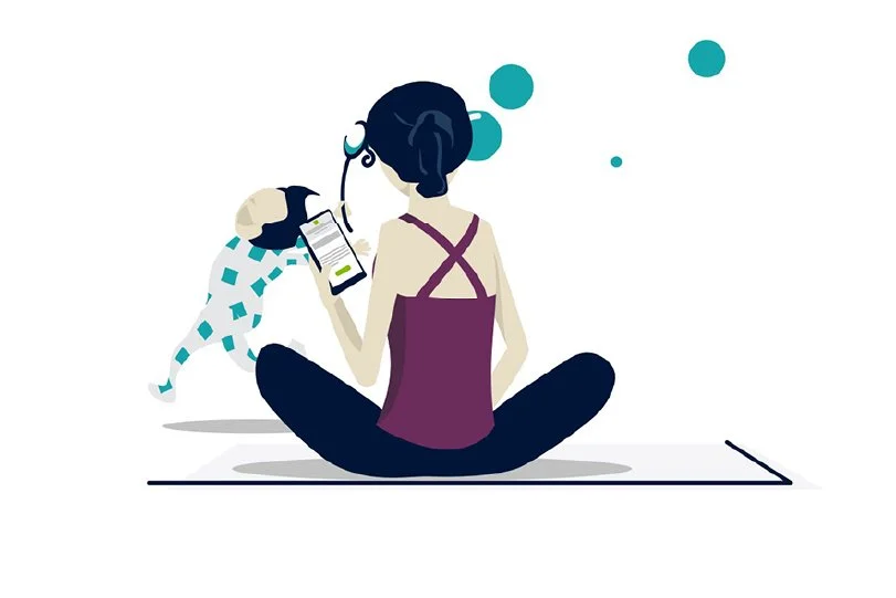 An illustration of a mom in yoga pants, holding a mobile phone (doing her taxes) while a toddler runs across the room.