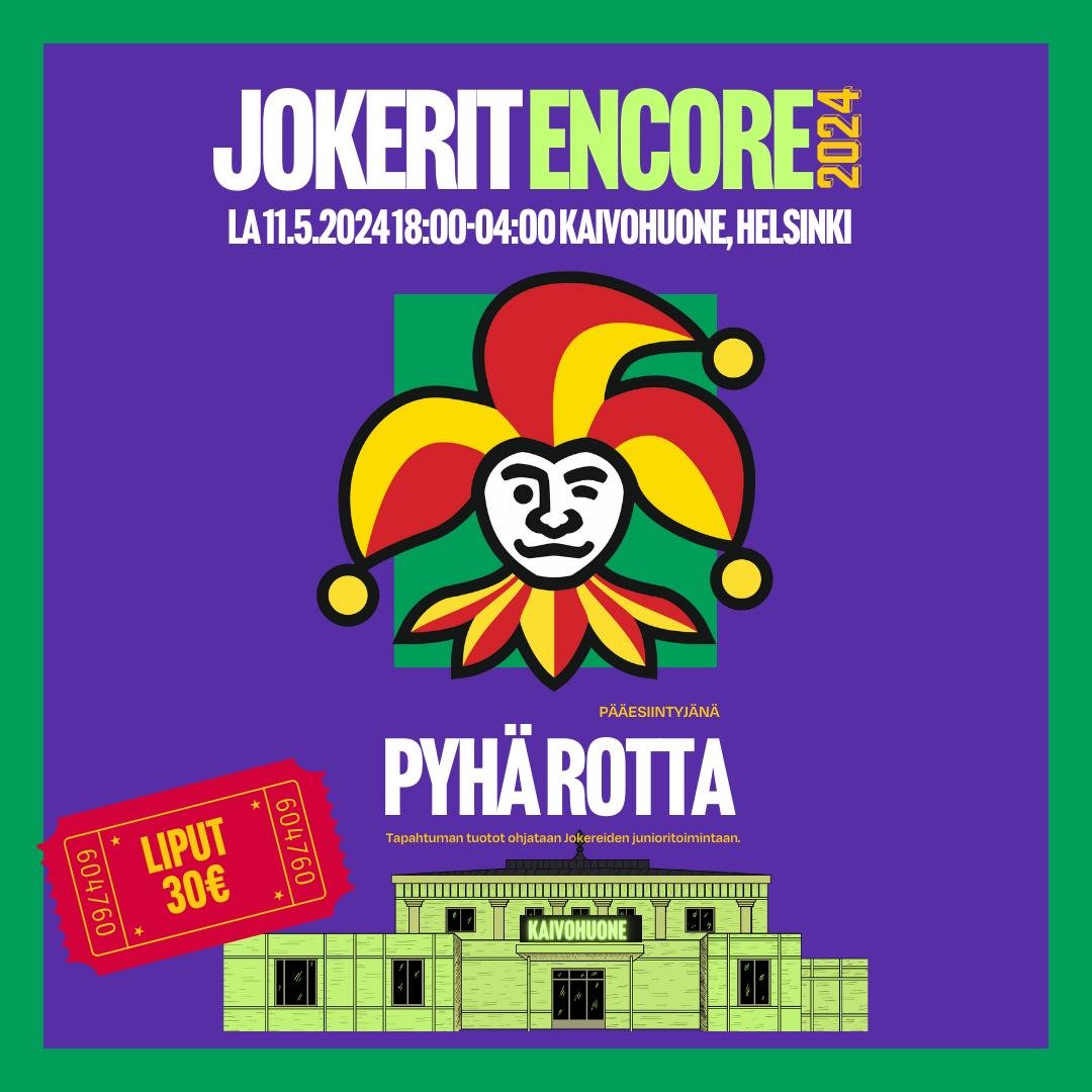 Viel&auml; ehdit napata liput Kaivohuoneelle Jokerit Encore -bileisiin🃏🟢🟣 P&auml;&auml;esiintyj&auml;n&auml; Pyh&auml; Rotta, paikalla pelaajia, seurajohtoa ja tietysti paljon jokerifaneja. N&auml;hd&auml;&auml;n Kaivolla!

Liput: https://www.tick