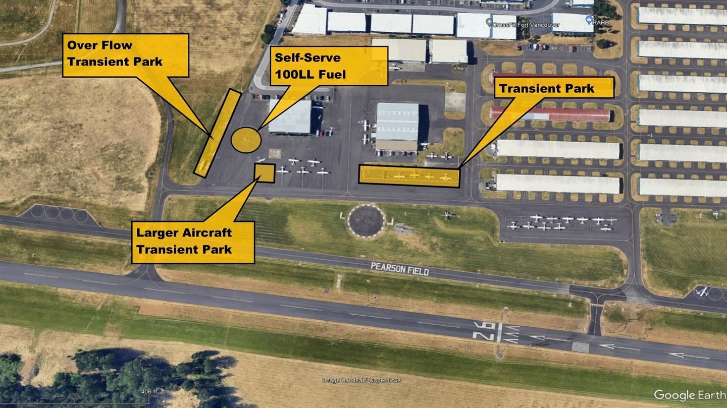 Attention transient planes! Above is a photo of the approved spots for transient parking here at KVUO. As summer comes we get more and more traffic coming in and spots become limited. If you have any questions about available spots please give our fr