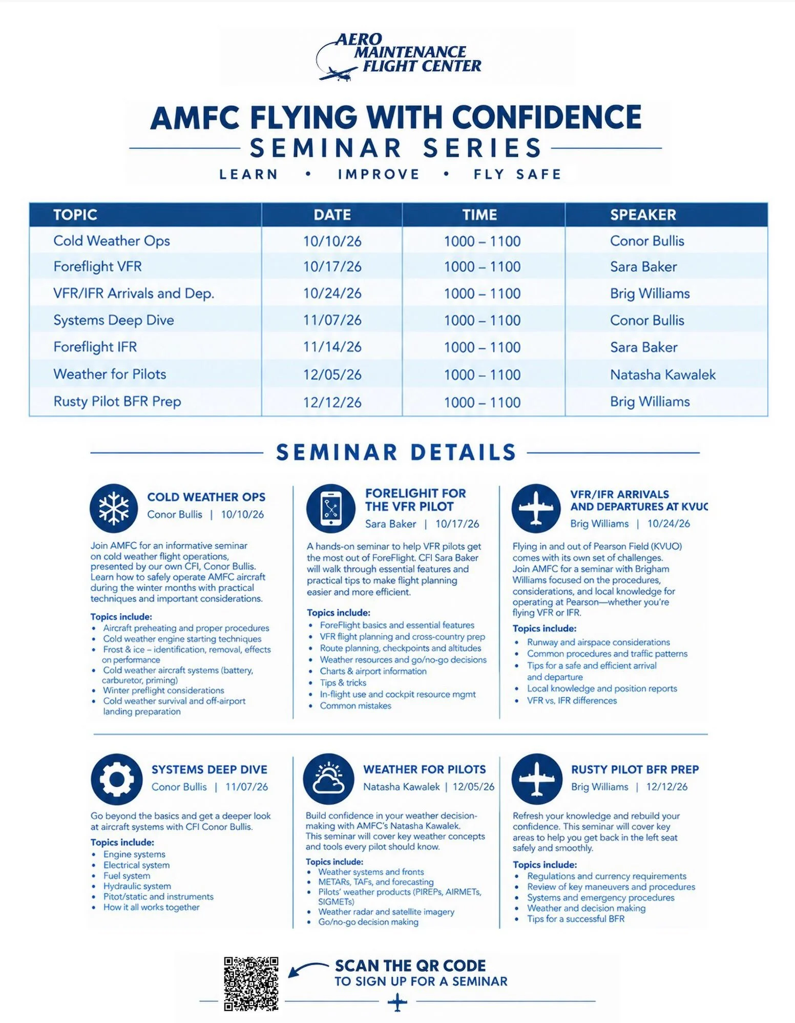 AMFC Flying with Confidence Seminar Series. Join us at Aero Maintenance Flight Center in our upstairs classroom for our seminar series. Sign up via FAAST events or simply show up. See you there!