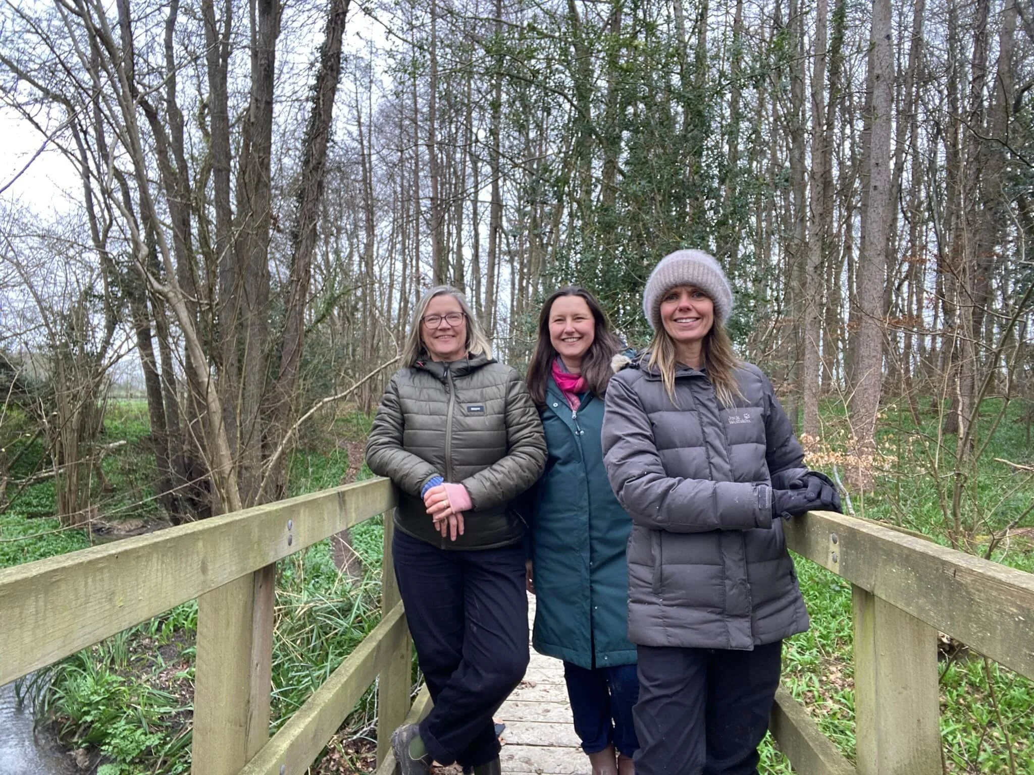 Nature at Work team within woodland on a bridge