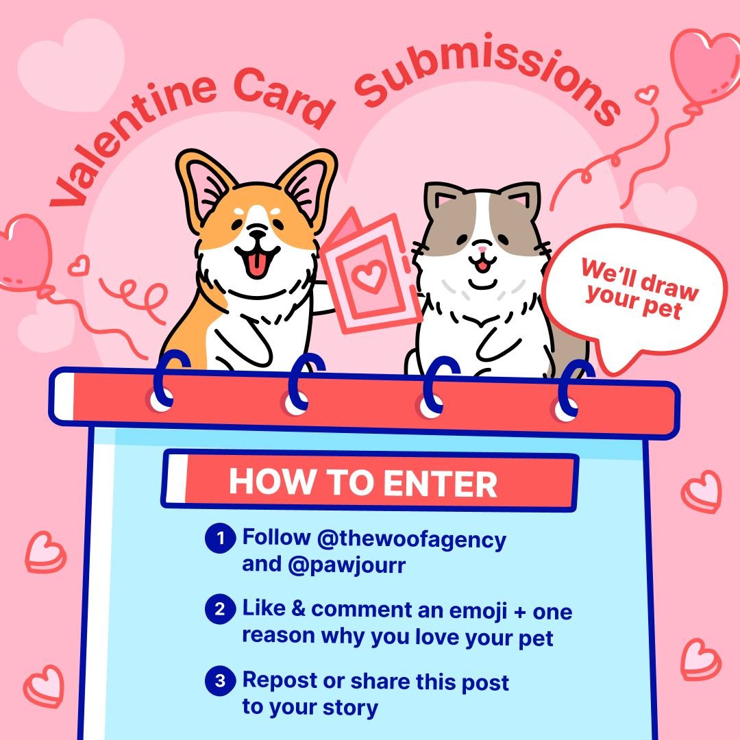 Roses are red, violets are blue, this Valentine&rsquo;s card? It&rsquo;s all about YOU (and your pet) 

We&rsquo;re drawing your pet this Valentine&rsquo;s 💕

How to enter?✨
1. Follow @pawjourr and @thewoofagency 
2. Like this post + comment an emoj