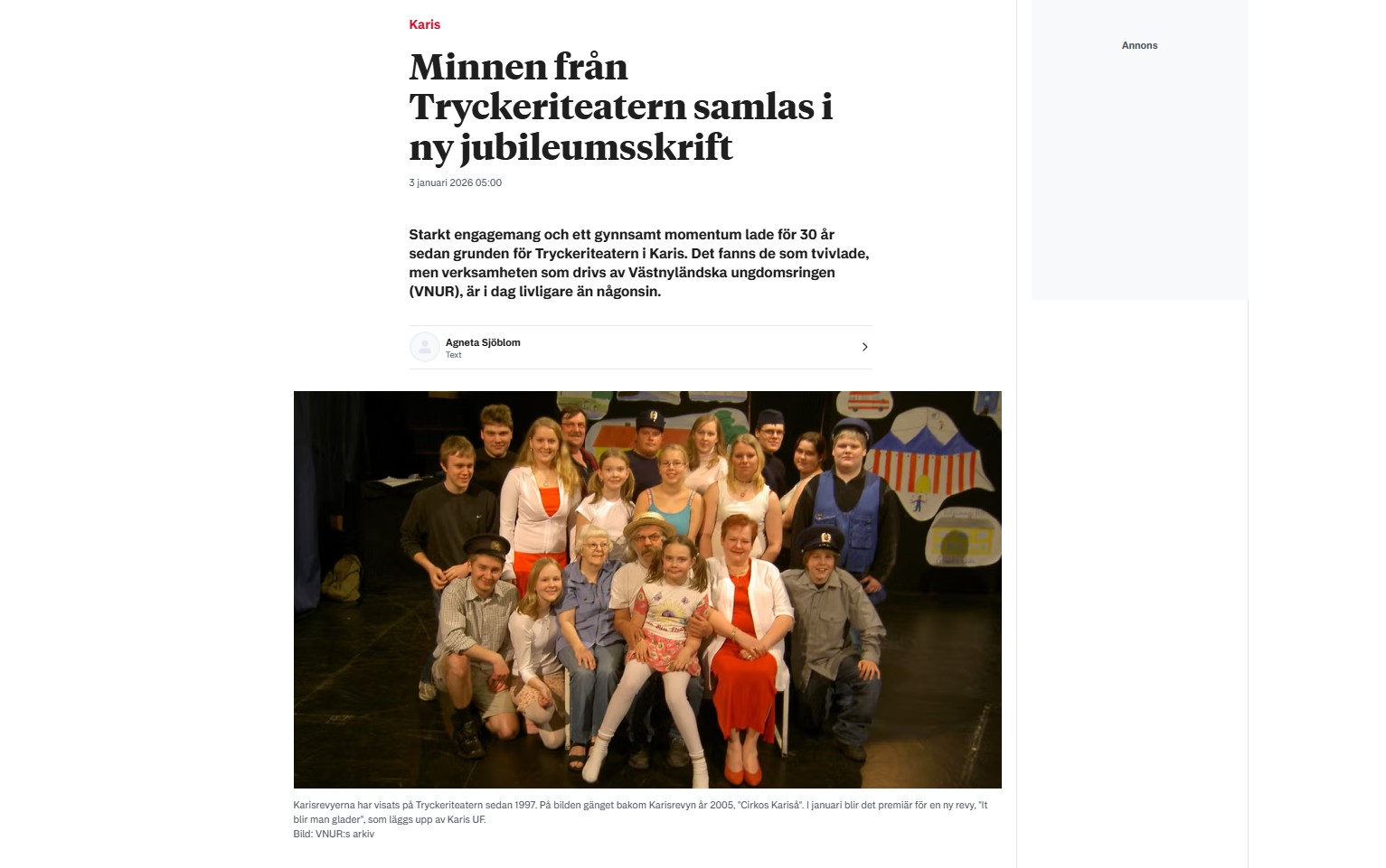 Drömmar, risker och talkoanda  - TryckeriTeatern 30 år (Västra Nyland 1/2026)