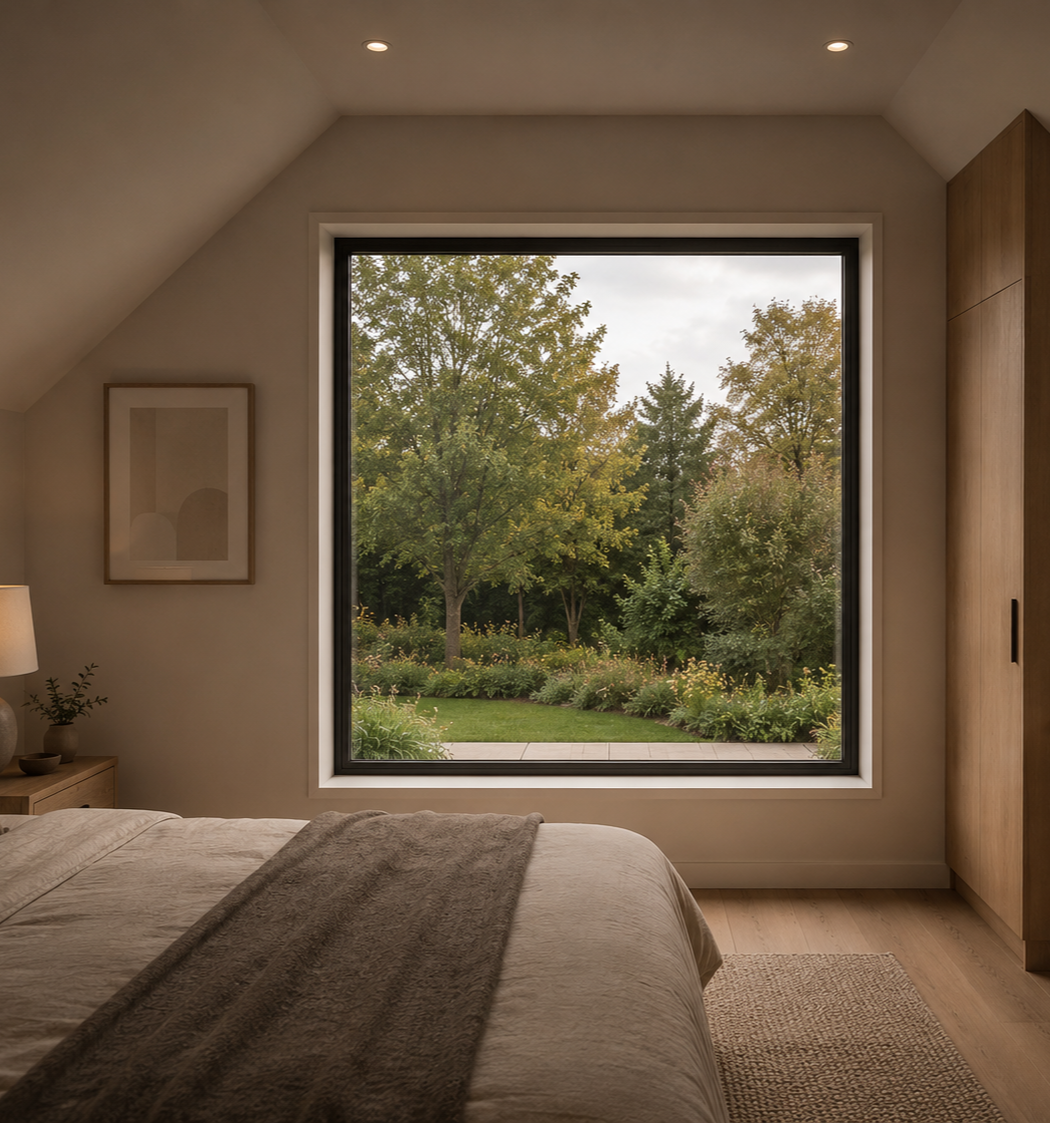 Contemporary bedroom in a Whittlesford home with large picture window overlooking landscaped garden, minimalist interior finishes and soft natural daylight