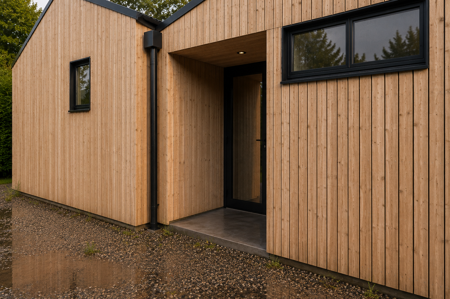 Conifers – Recessed entrance detail with vertical timber cladding and aluminium rainwater goods on contemporary Suffolk bungalow remodel