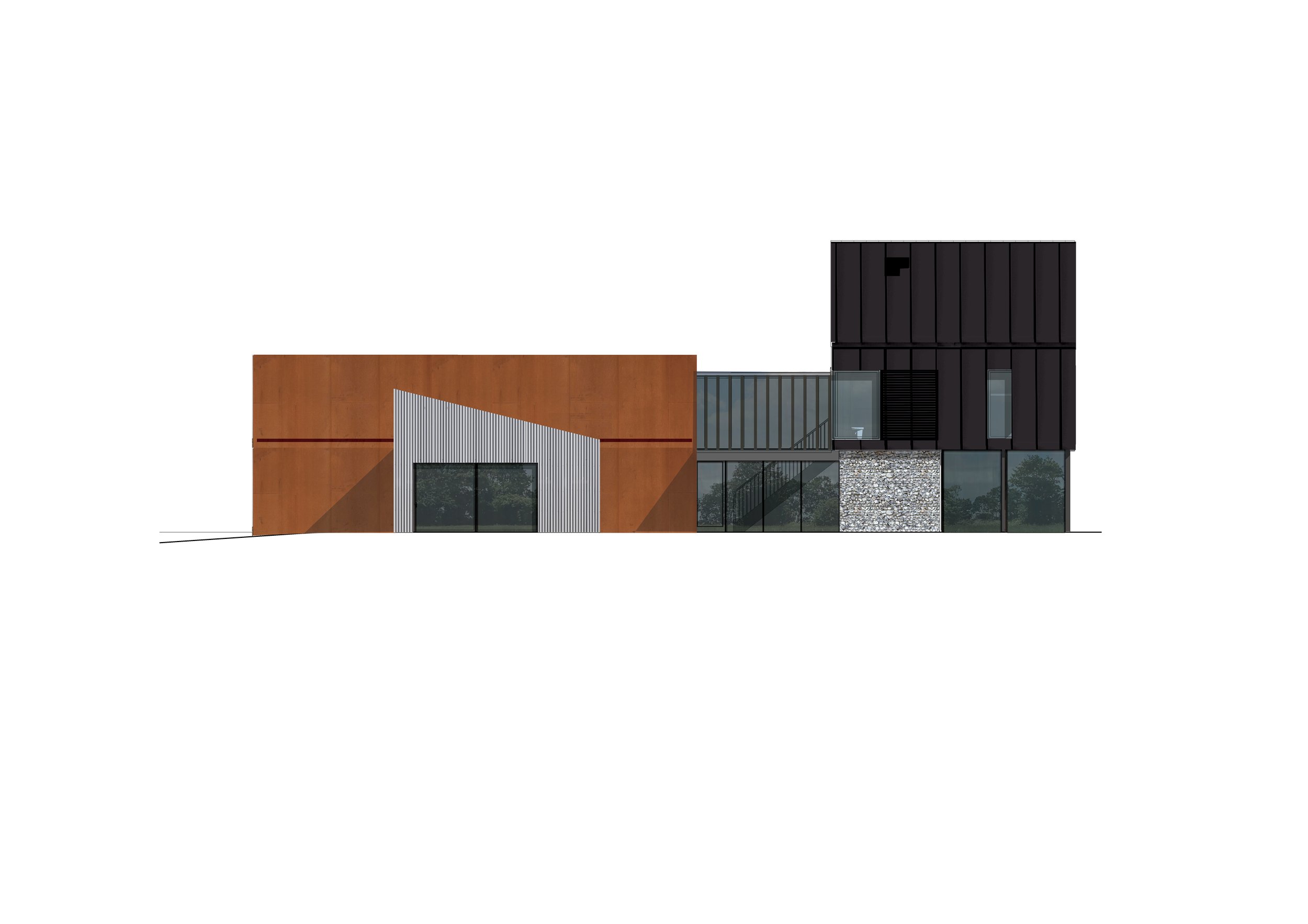 Bungalow Farm – Architectural east elevation drawing of the contemporary replacement dwelling in Cretingham, Suffolk