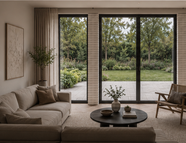 Open-plan living room within a contemporary Whittlesford house featuring full-height glazing, white brick reveals and direct views across a landscaped garden