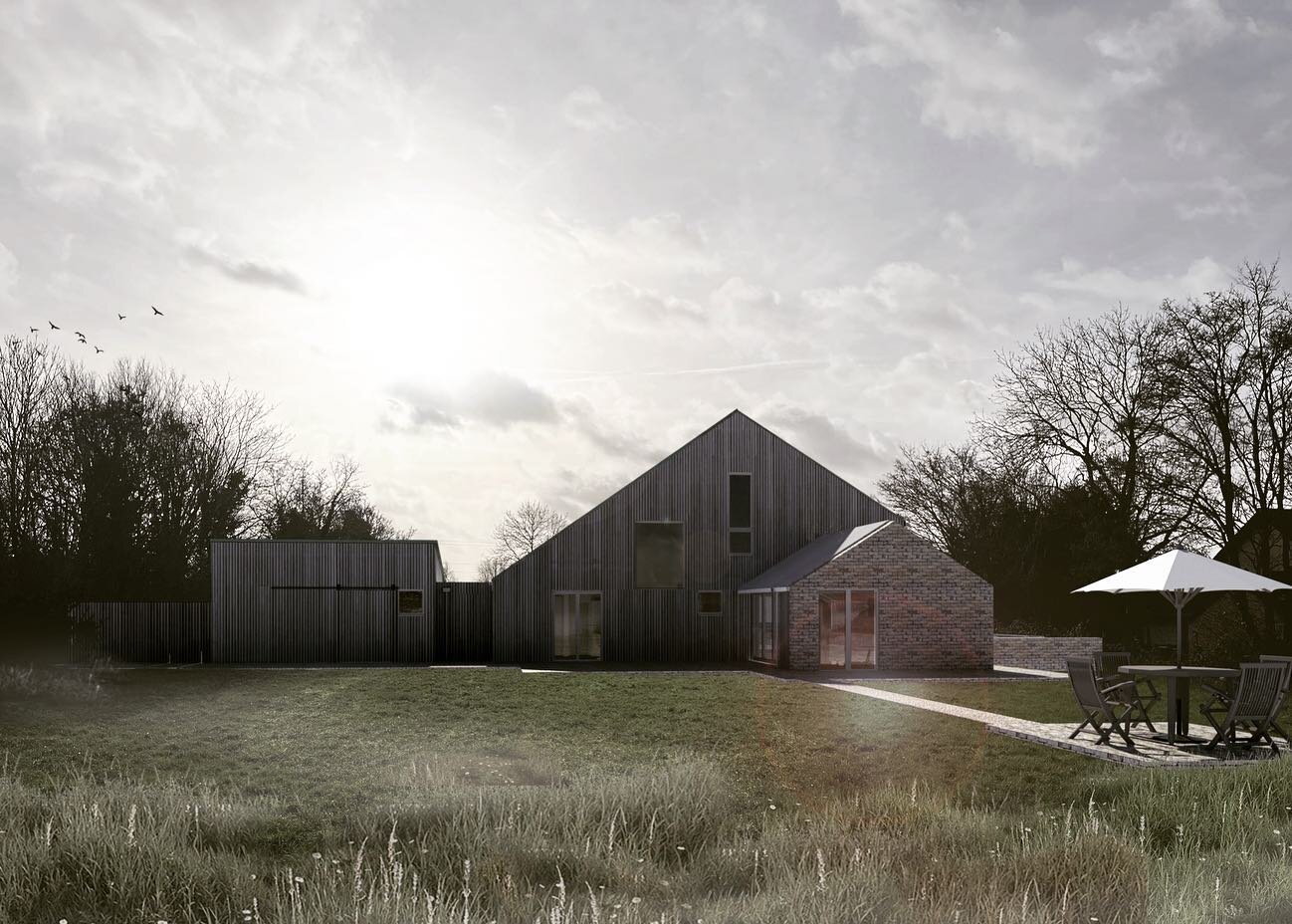 We are very pleased to announce that we have submitted this design for planning today, for a new eco dwelling and biodiversity improvement strategy in Aldreth, Cambridgeshire. The project takes reference from surrounding agricultural barns, which are