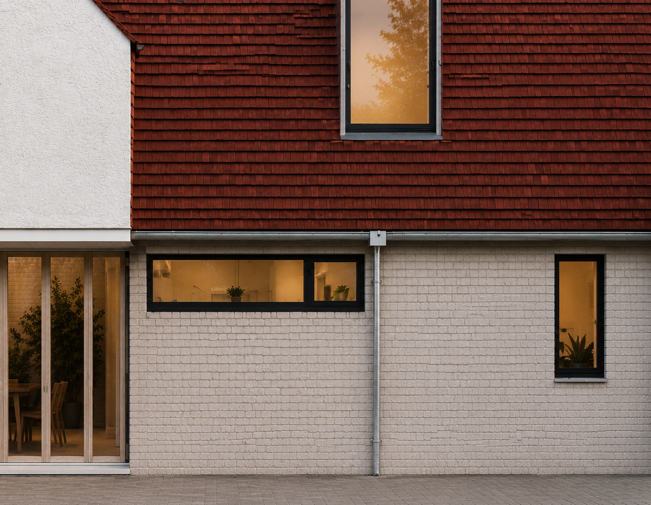 Close-up architectural detail of a contemporary Whittlesford house showing handmade clay tile cladding, white painted brickwork, recessed dormer window, aluminium rainwater goods and horizontal feature glazing