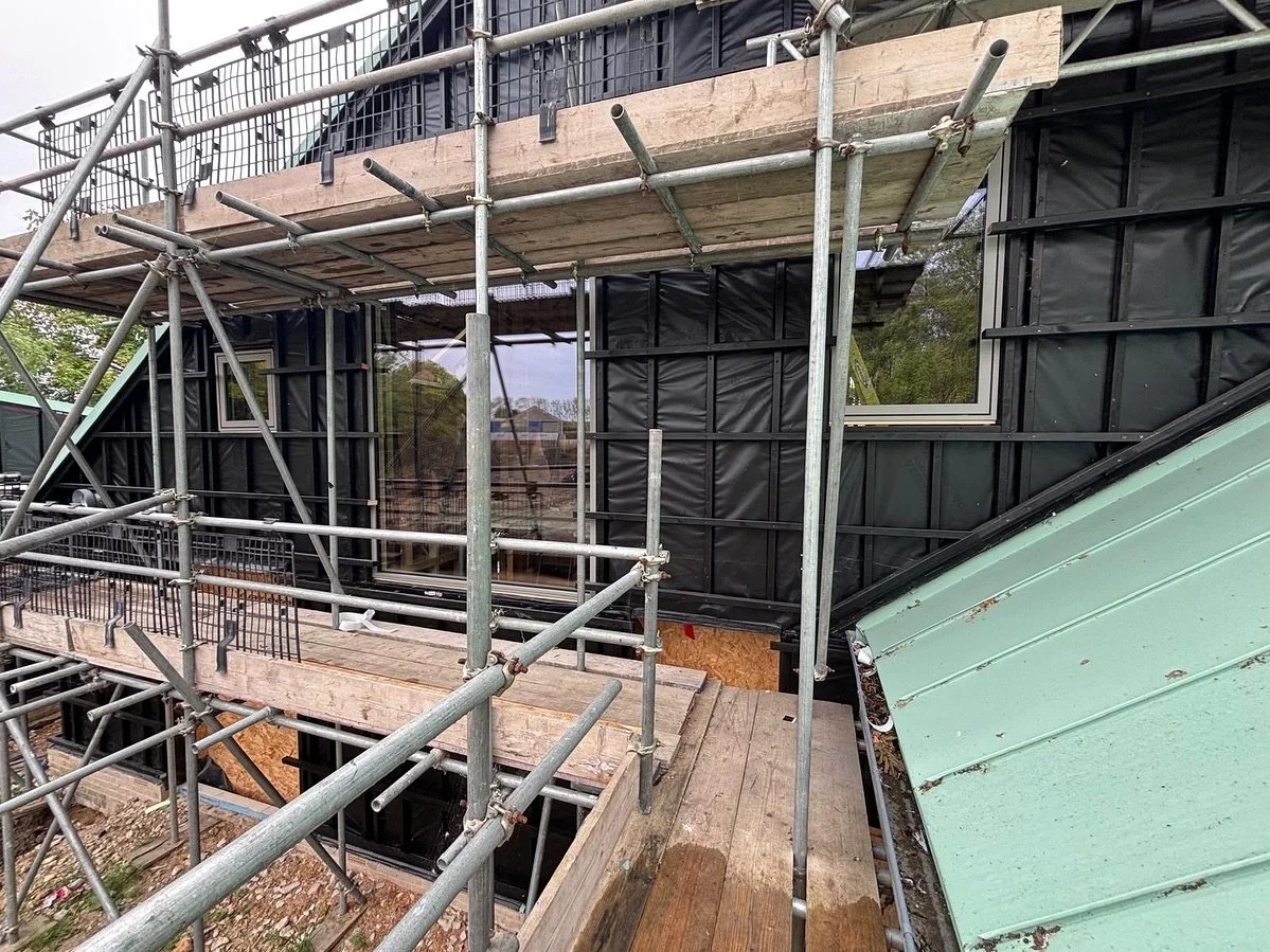 Another huge milestone on Hereward House, our Passive House project in Aldreth being built by @salmonsbrothers . The @norrsken_uk windows and doors are finally going in! The client @emma_thebest_page_inthebook is also very happy with the turquoise en