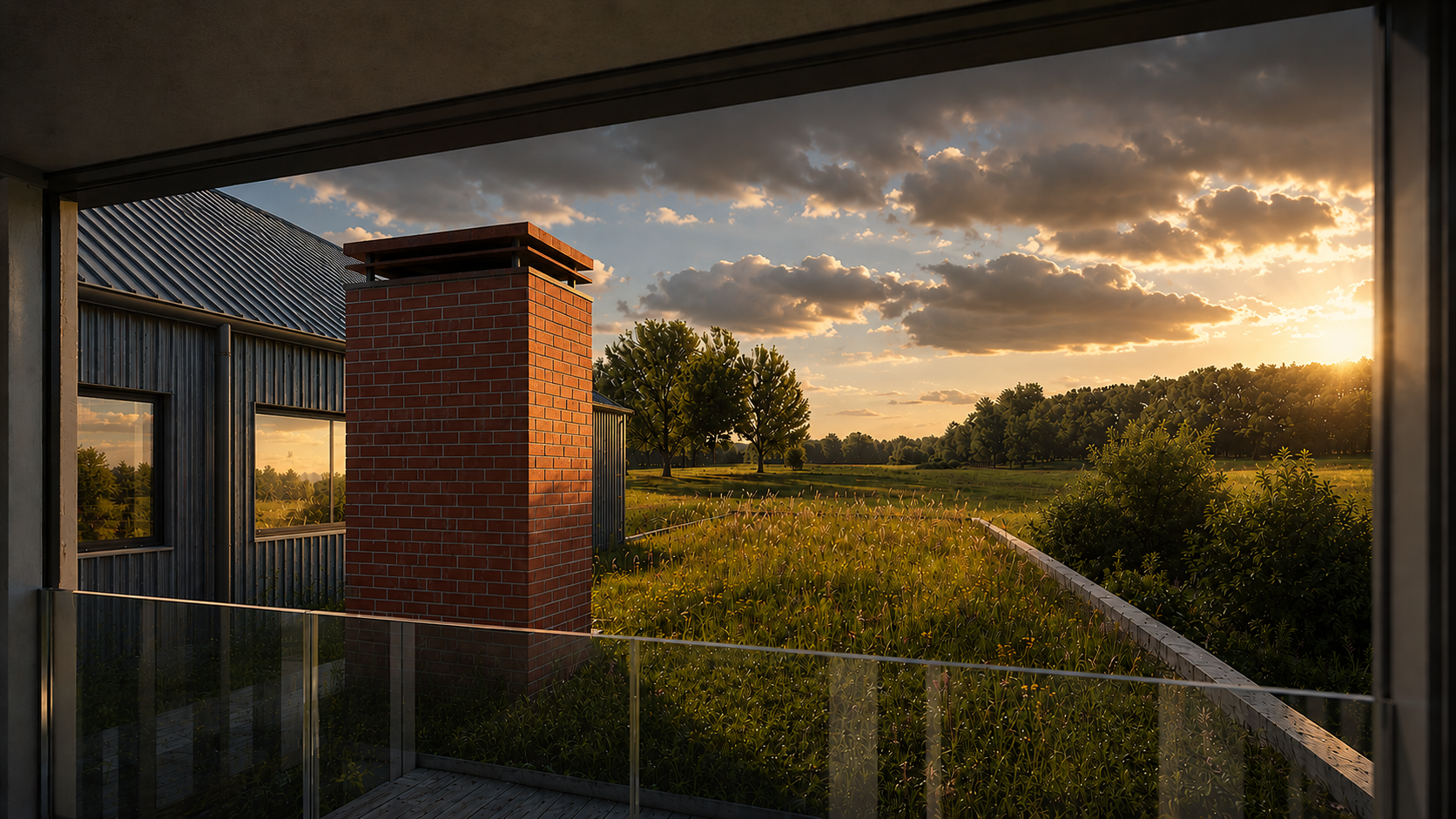 Cockfield Hall Farm contemporary farmhouse viewed from a first-floor balcony, looking across a wildflower green roof towards the surrounding Suffolk countryside at sunset.