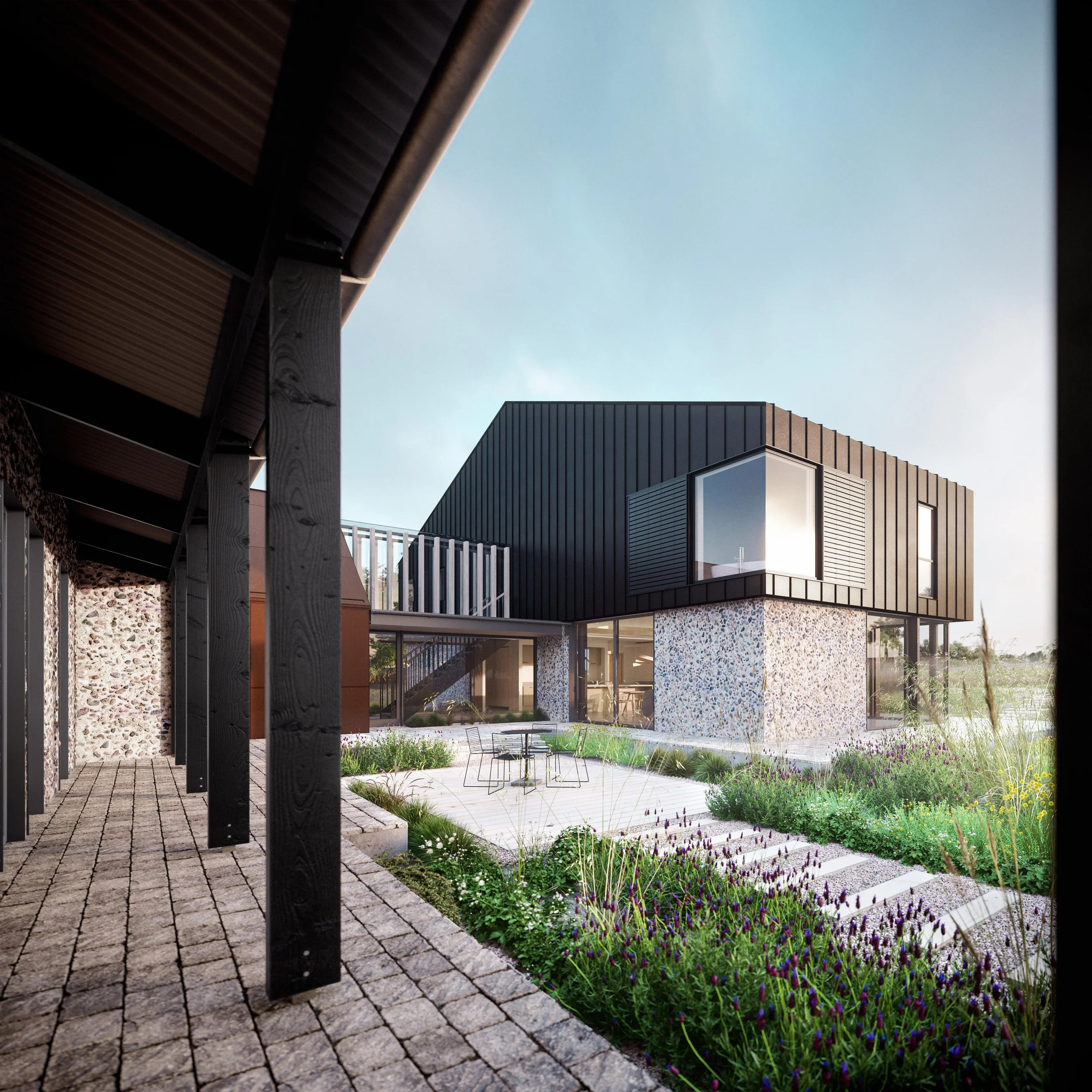 Bungalow Farm – Courtyard architectural render showing landscaped outdoor spaces and the contemporary replacement dwelling in Cretingham, Suffolk