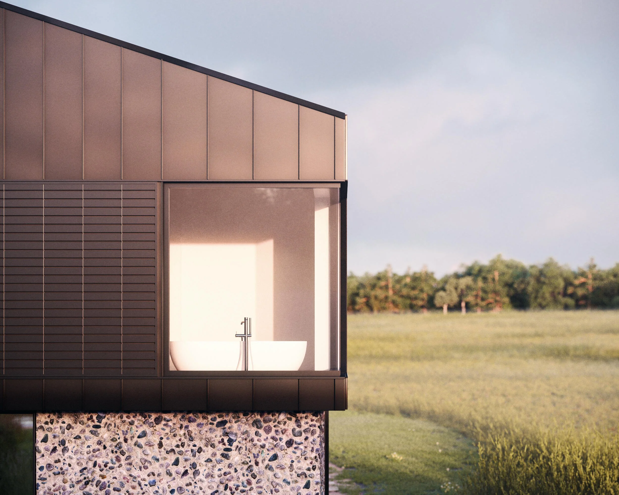 Bungalow Farm – Close-up architectural render of the corner bathroom window detail within the contemporary replacement dwelling in Cretingham, Suffolk