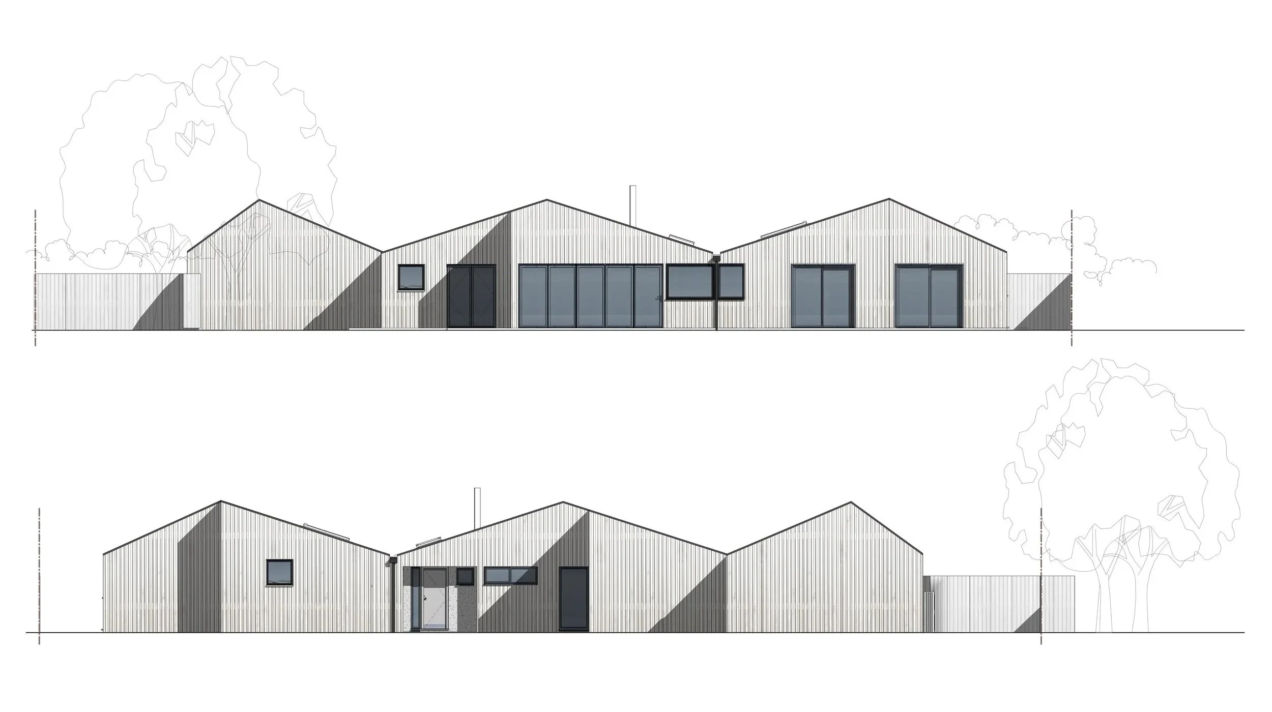 Conifers – Proposed front and rear elevation drawings showing contemporary timber-clad bungalow remodel and extension in Suffolk